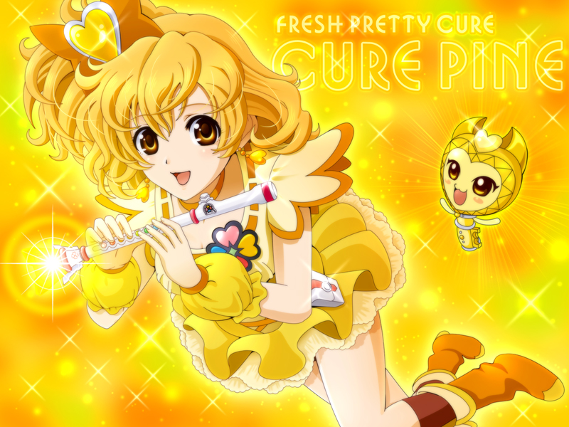 sekken kasu barrier, cure pine, kirun, yamabuki inori, fresh precure!, precure, 00s, 1girl, blonde hair, boots, character name, choker, copyright name, dress, flute, hair ornament, heart, heart hair ornament, instrument, jewelry, magical girl, miniskirt, skirt, yellow background, yellow eyes, yellow skirt, yellow theme
