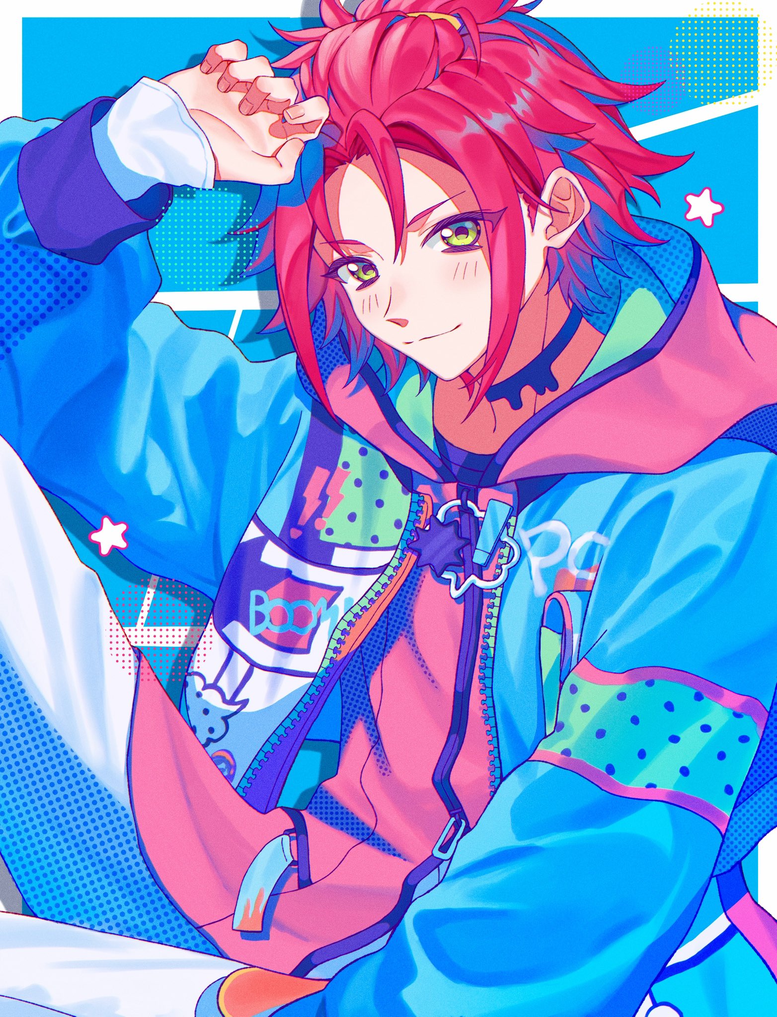 kurokkan, isara mao, ensemble stars!, commentary request, highres, 1boy, arm up, bangs pinned back, closed mouth, eyes visible through hair, fingernails, green eyes, jacket, long sleeves, looking at viewer, male focus, manga club (ensemble stars!), official alternate costume, open clothes, open jacket, red hair, short hair, smile, solo, split mouth, star (symbol), zipper