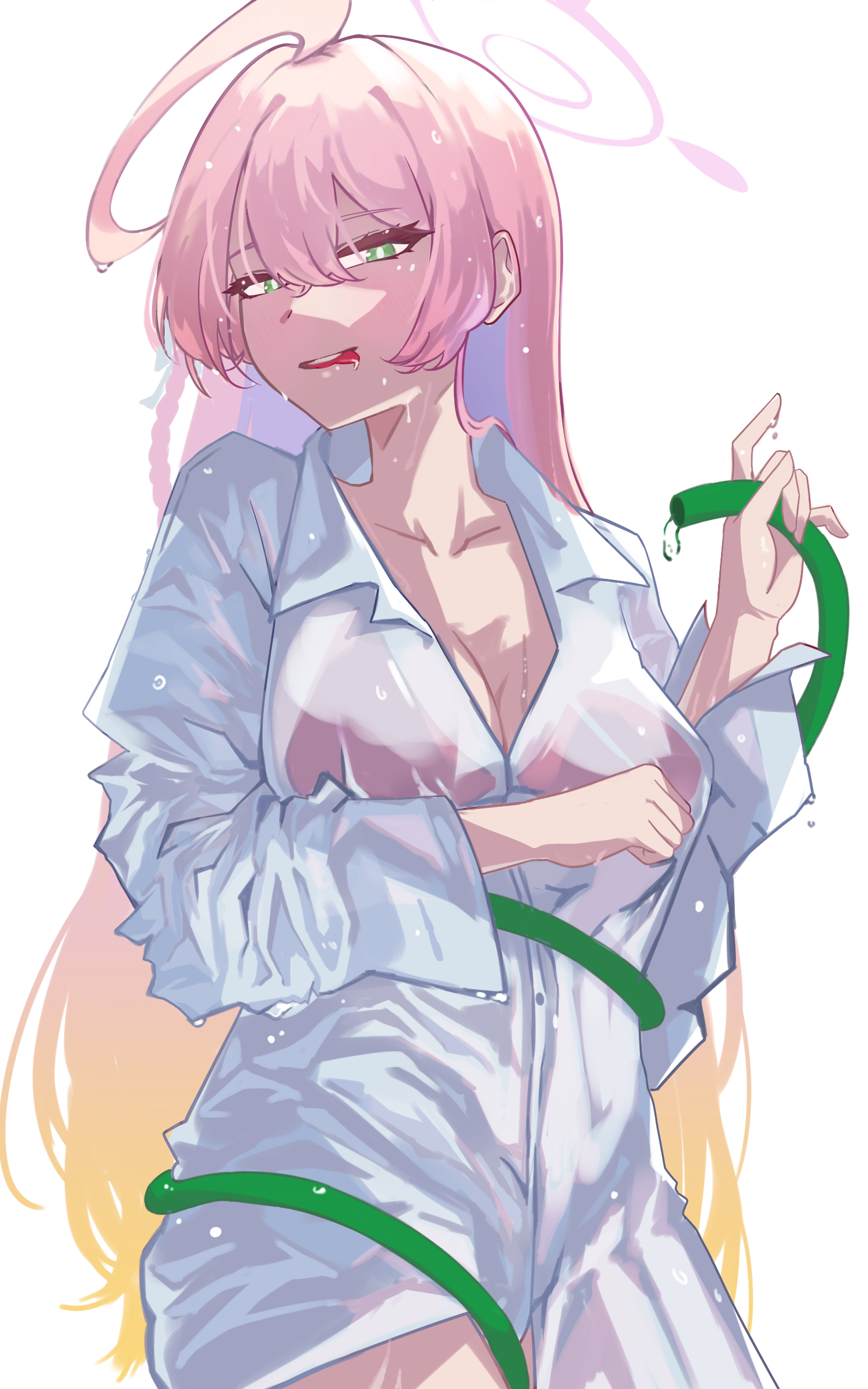 hanako (blue archive), hanako (swimsuit) (blue archive), blue archive, absurdres, commentary, highres, 1girl, ahoge, arm behind back, bags under eyes, bare arms, bare hips, bikini, blonde hair, blush, bow, braid, breasts, cleavage, clenched hand, collared shirt, cowboy shot, floating hair, gradient hair, green eyes, hair bow, hair intakes, hair ornament, half-closed eyes, halo, holding, holding hose, hose, large breasts, long hair, looking at viewer, multicolored hair, official alternate costume, open clothes, outstretched arm, partially unbuttoned, pink bikini, pink hair, pink halo, see-through clothes, shirt, single braid, sky, smile, smile 5m1le, solo, string bikini, swimsuit, tongue, tongue out, water, wet, wet clothes, wet face, wet hair, wet shirt, white background, white bow, white shirt