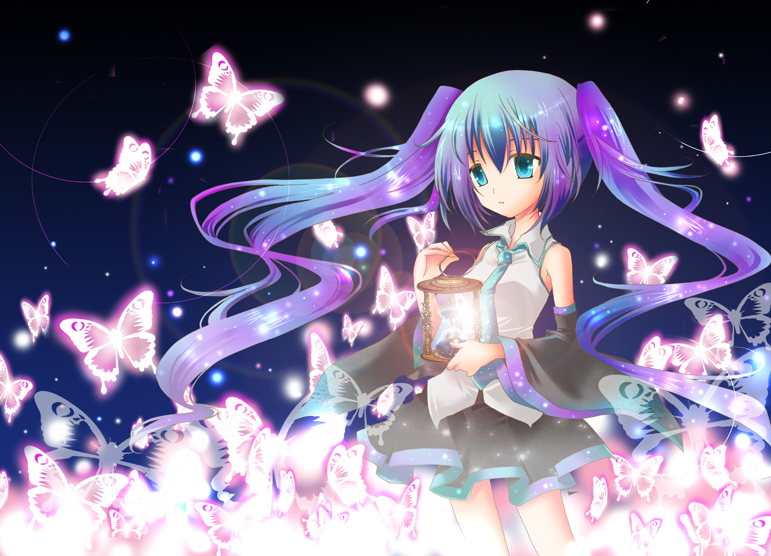 yuuki kira, hatsune miku, vocaloid, 1girl, aqua eyes, blue eyes, blue hair, bug, butterfly, detached sleeves, female focus, floating hair, glowing, gradient hair, hourglass, insect, long hair, matching hair/eyes, multicolored hair, purple hair, solo, twintails, very long hair