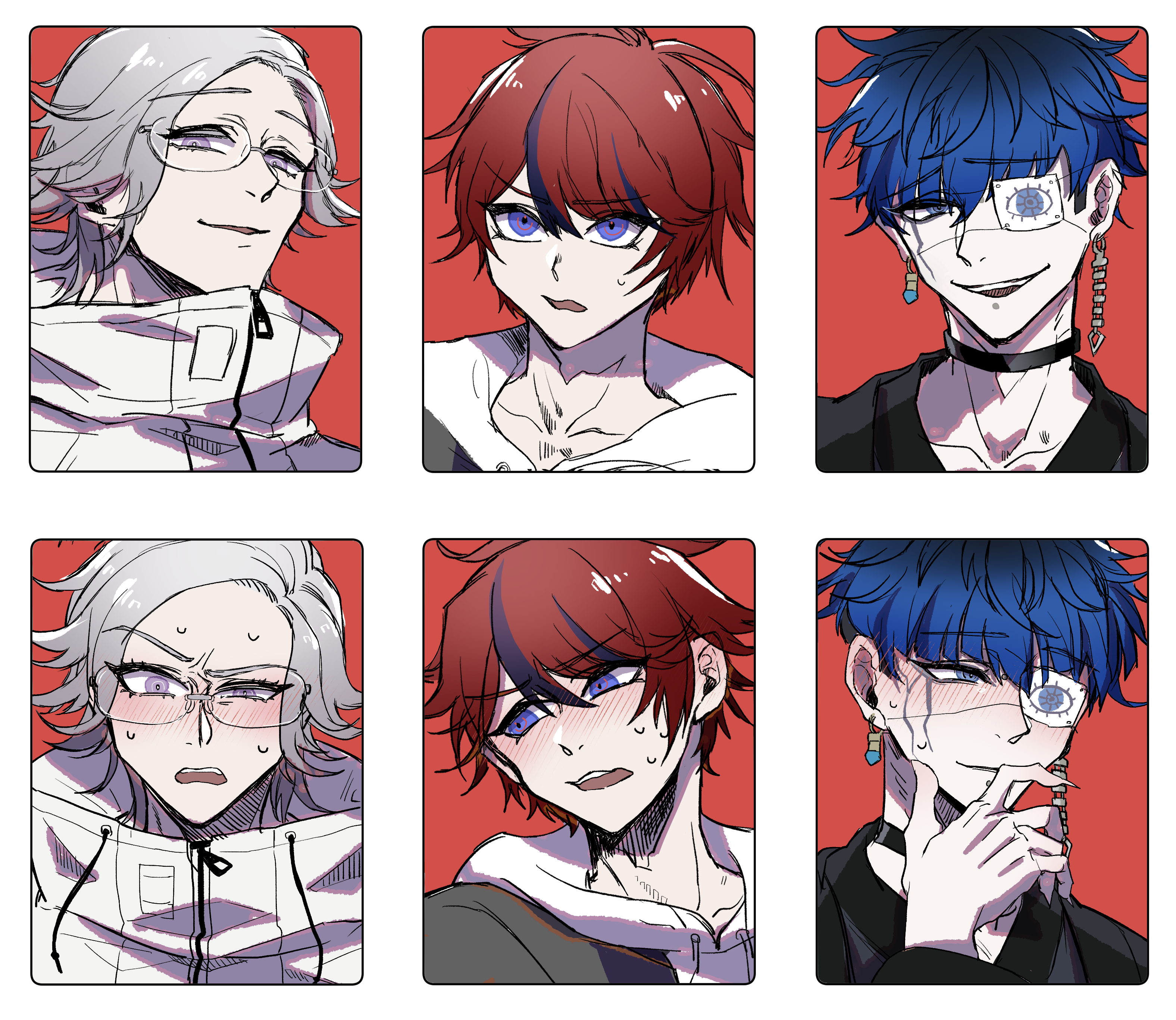 aotsuki eito, omokage yugamu, sumino takumi, the hundred line -last defense academy-, absurdres, commentary request, highres, 3boys, black choker, black hair, black haori, black streaks, blue eyes, blue hair, blush, choker, collarbone, earrings, eye print, eyepatch, face piercing, fingernails, glasses, grey hair, grey jacket, grey kimono, grin, hand up, haori, hatching (texture), high collar, hood, hoodie, jacket, jacket over hoodie, japanese clothes, jewelry, kimono, labret piercing, linear hatching, looking at viewer, looking to the side, male focus, multicolored hair, multiple boys, multiple expressions, multiple views, nose blush, open mouth, piercing, portrait, print eyepatch, purple eyes, red background, red hair, sharp fingernails, short hair, smile, smirk, streaked hair, sweat, sweatdrop, two-tone hair, user vudu8523, white hoodie, white jacket
