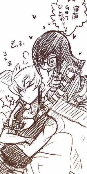 carly nagisa, jack atlas, yu-gi-oh!, yu-gi-oh! 5d's, translation request, 00s, camera, glasses, greyscale, heart, monochrome, sketch, sleeping