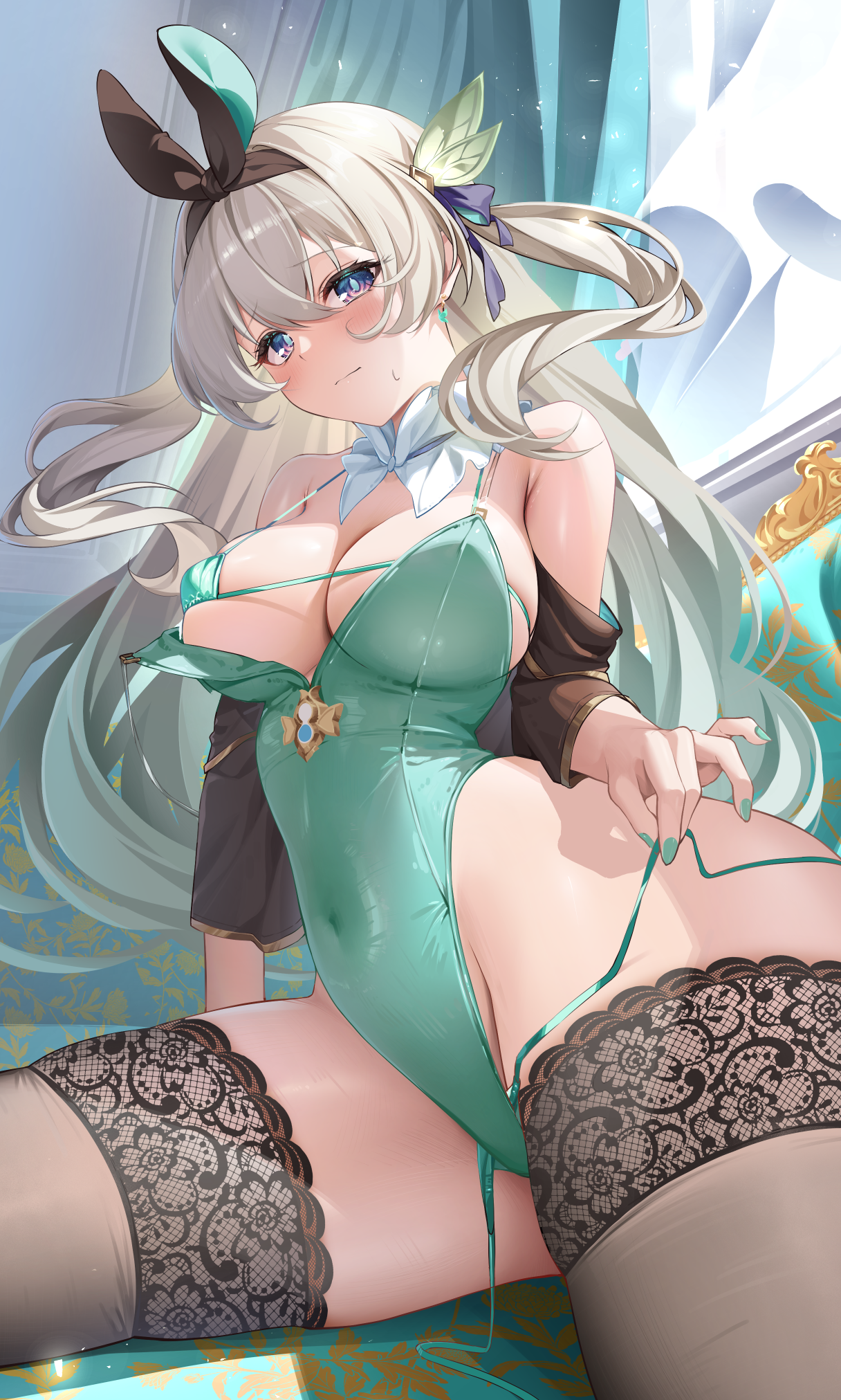 hino kagutsuki, firefly (honkai: star rail), honkai: star rail, honkai (series), commentary request, highres, variant set, 1girl, alternate costume, aqua leotard, aqua nails, bikini, black hairband, black thighhighs, breasts, covered navel, curtains, grey hair, hairband, holding strap, indoors, large breasts, leotard, long hair, micro bikini, panty straps, parted lips, solo, swimsuit, thighhighs, thighs, wardrobe malfunction