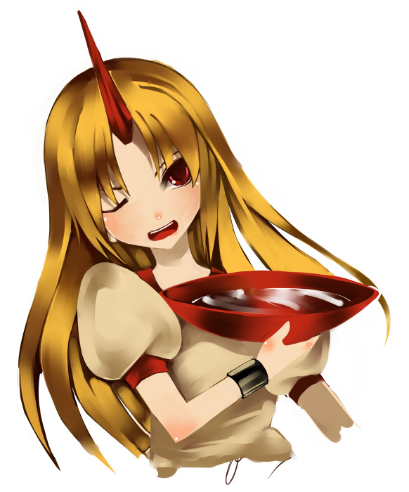 kureha (ironika), hoshiguma yuugi, kureha, touhou, 1girl, alcohol, blonde hair, chain, cup, female focus, horns, long hair, open mouth, red eyes, sakazuki, sake, single horn, solo, white background