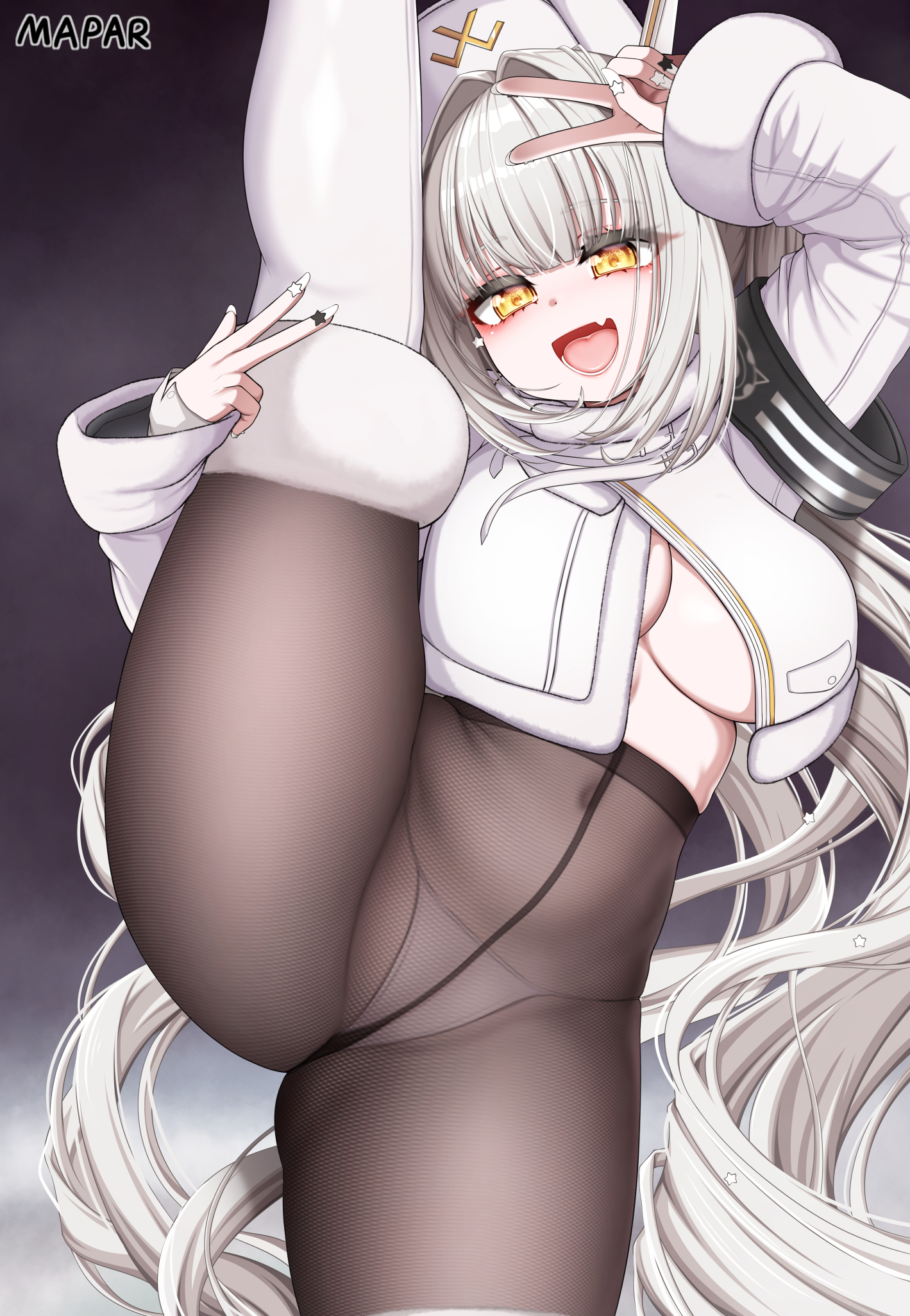mapar, blanc (fortune express) (nikke), blanc (nikke), goddess of victory: nikke, commentary request, highres, 1girl, alternate breast size (larger), artist name, black pantyhose, boots, breasts, coat, fang, fur-trimmed boots, fur trim, hat, large breasts, long hair, official alternate costume, official alternate hairstyle, open mouth, panties, panties under pantyhose, pantyhose, skin fang, solo, split, standing, standing on one leg, standing split, underwear, v, very long hair, white boots, white coat, white hair, white hat, white panties, winter clothes, winter coat, yellow eyes