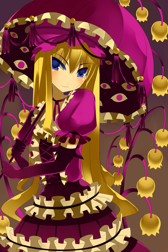 kureha (ironika), kureha, yakumo yukari, touhou, 1girl, blonde hair, blue eyes, blush, colored eyelashes, elbow gloves, eyelashes, female focus, flower, gloves, hat, long hair, parasol, purple gloves, solo, umbrella