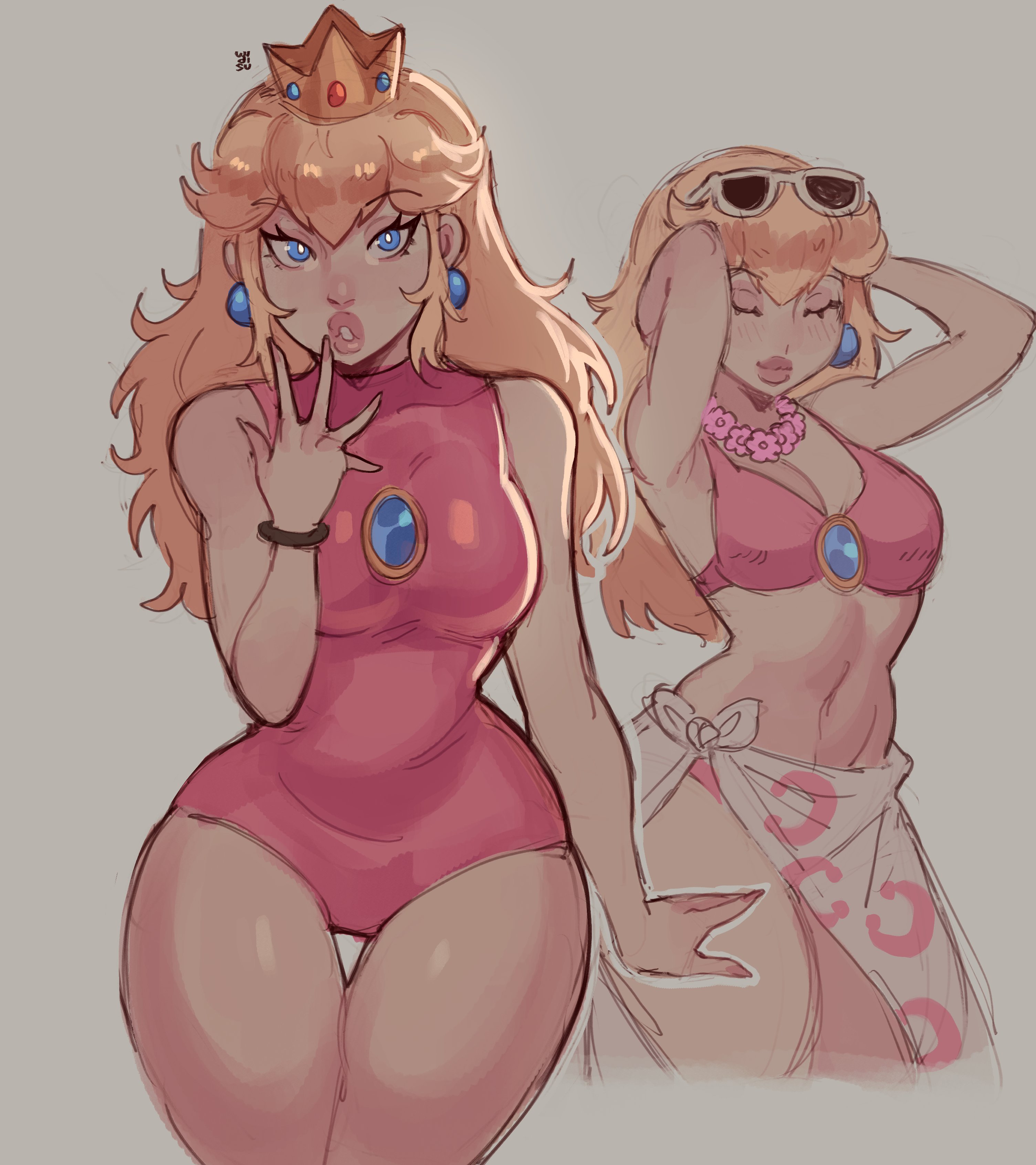 widisu, princess peach, mario (series), nintendo, absurdres, commentary, english commentary, highres, 1girl, arms behind head, bikini, blonde hair, blue eyes, bracelet, breasts, closed eyes, closed mouth, crown, earrings, eyewear on head, flower, flower necklace, grey background, hand up, heart, jewelry, leotard, lips, long hair, looking at viewer, medium breasts, multiple views, necklace, parted lips, pink bikini, pink leotard, simple background, sphere earrings, sunglasses, swimsuit, thigh gap, thighs