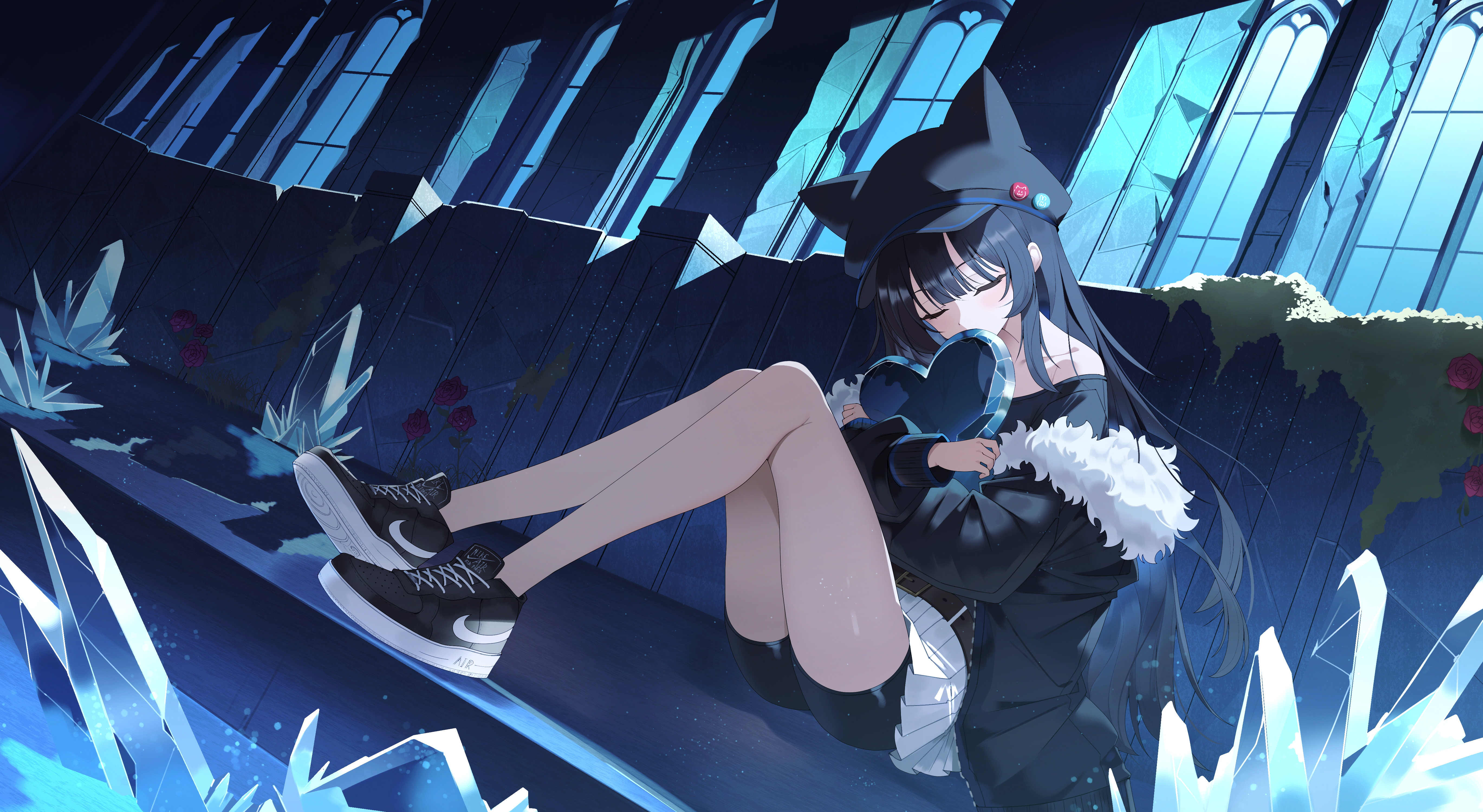 mellow kaede, original, absurdres, commentary request, highres, 1girl, bike shorts, black hair, black hat, black jacket, black shirt, black shorts, closed eyes, hat, jacket, shirt, shoes, shorts, single bare shoulder, sneakers, solo, thighs