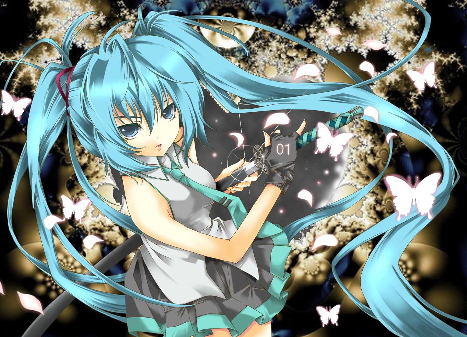 yuuki kira, hatsune miku, vocaloid, 1girl, bare shoulders, blue eyes, blue hair, bug, butterfly, female focus, fingerless gloves, gloves, insect, katana, long hair, matching hair/eyes, sheath, solo, sword, unsheathing, very long hair, weapon
