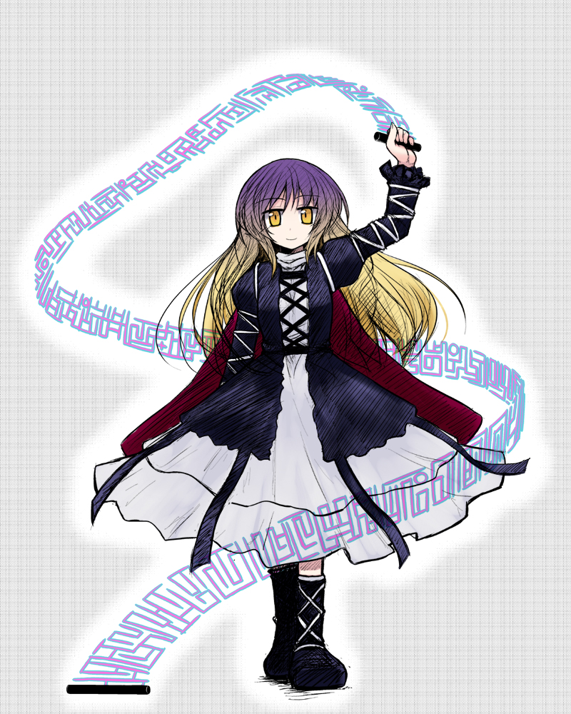 nanatsume, hijiri byakuren, touhou, bad id, bad pixiv id, 1girl, boots, dress, female focus, gradient hair, long hair, multicolored hair, ribbon, scroll, smile, solo, sorcerer's sutra scroll, yellow eyes
