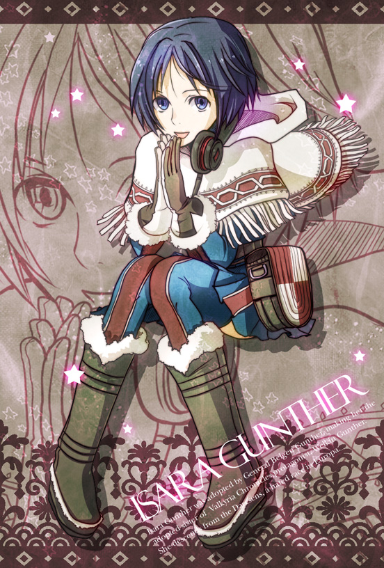 inuinui, isara gunther, senjou no valkyria, senjou no valkyria (series), senjou no valkyria 1, bad id, bad pixiv id, 00s, 1girl, blue eyes, blue hair, boots, character name, female focus, fringe trim, gloves, headphones, hood, matching hair/eyes, military, military uniform, poncho, shawl, short hair, solo, star (symbol), thighhighs, zoom layer