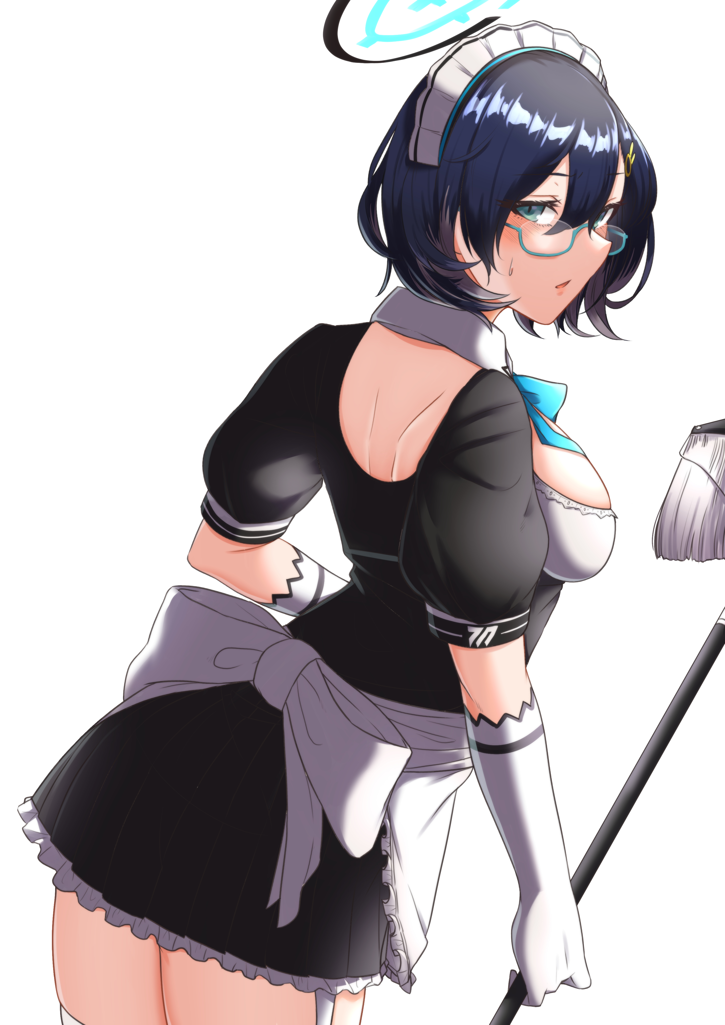 ryusei (ster0629), asuna (blue archive), chihiro (blue archive), blue archive, absurdres, commentary request, highres, 1girl, alternate costume, apron, aqua eyes, asuna (blue archive) (cosplay), black bow, black dress, blue-framed eyewear, blue bow, blue bowtie, blue hair, blue halo, blush, bow, bowtie, breasts, cosplay, cowboy shot, detached collar, dress, elbow gloves, enmaided, frilled apron, frilled dress, frills, from behind, garter straps, glasses, gloves, halo, holding, holding mop, large breasts, looking at viewer, maid, maid day, maid headdress, mop, parted lips, puffy short sleeves, puffy sleeves, semi-rimless eyewear, short dress, short hair, short sleeves, simple background, solo, sweatdrop, thighhighs, thighs, under-rim eyewear, white apron, white background, white bow, white gloves, white thighhighs, zettai ryouiki
