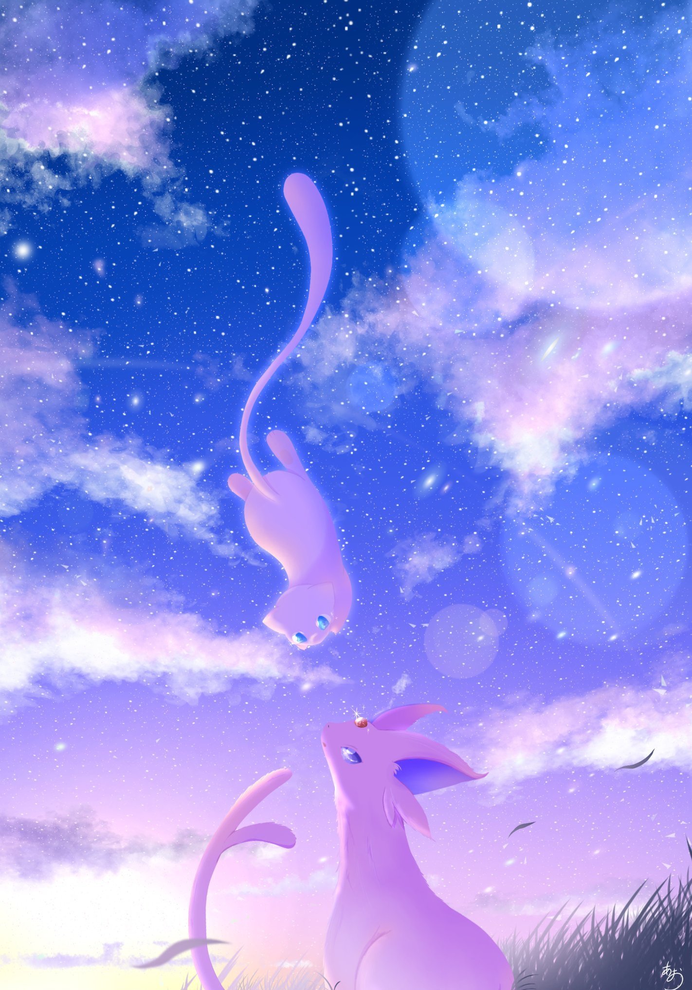 natu a0z0ra, espeon, mew (pokemon), nintendo, pokemon, commentary request, highres, animal focus, blue eyes, cloud, colored sclera, forehead jewel, forked tail, gem, gen 1 pokemon, gen 2 pokemon, legendary pokemon, mythical pokemon, no humans, pink fur, pokemon (creature), pokemon focus, purple eyes, purple fur, purple sclera, red gemstone, sky, star (sky), tail