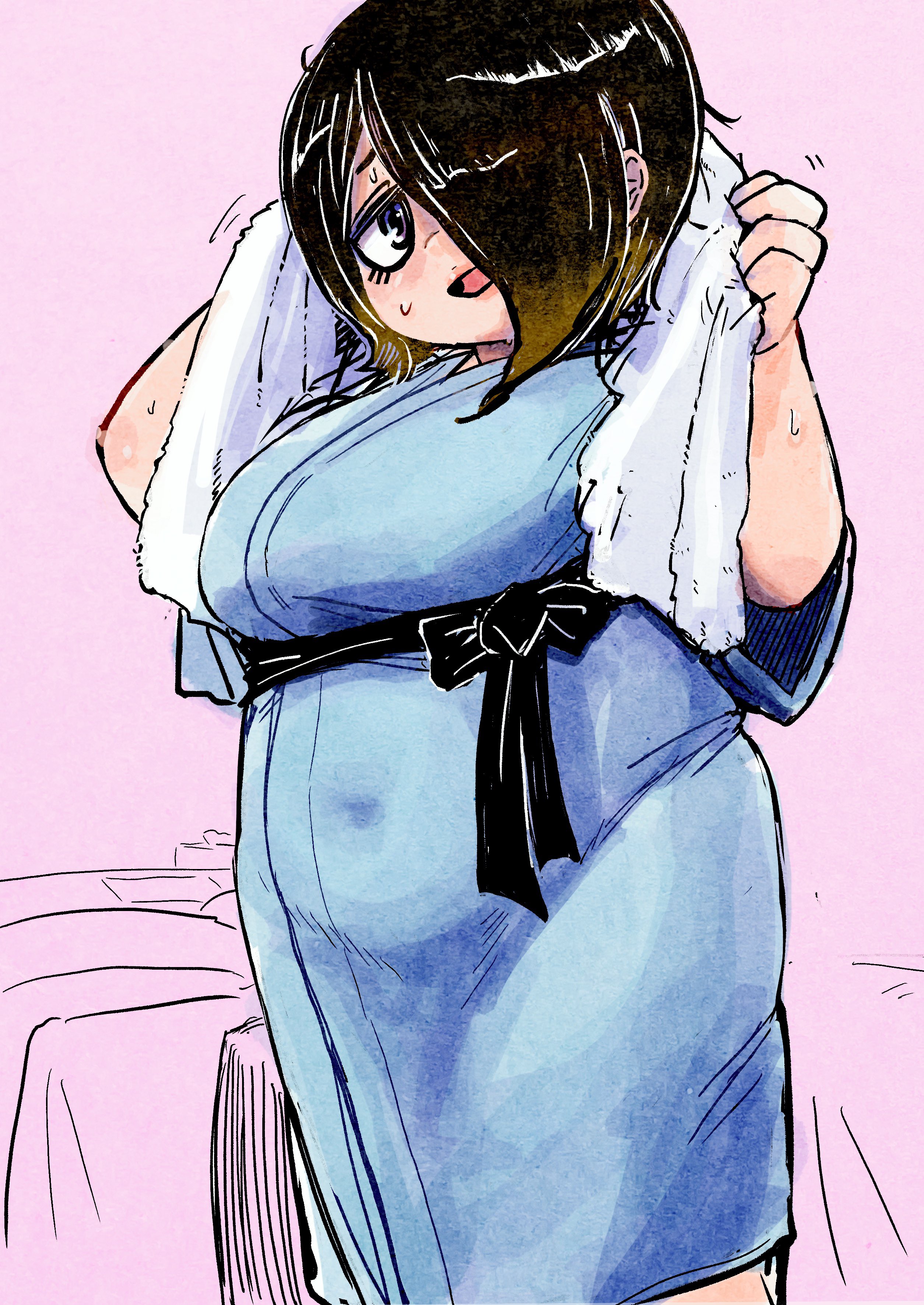 naito gambo, lavender (naito gambo), original, absurdres, hashtag-only commentary, highres, 1girl, after bathing, bathrobe, bed, black hair, breasts, hair over one eye, large breasts, navel, pink background, plump, short hair, simple background, sketch, towel, wet