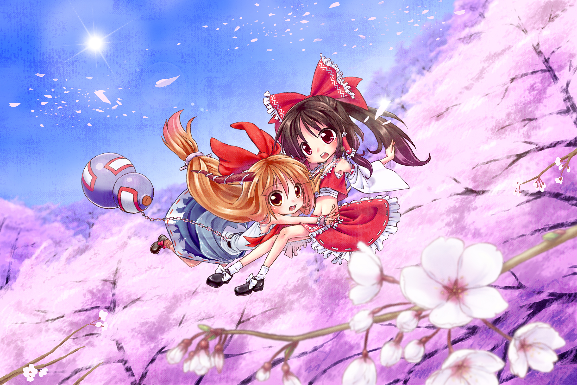 nekotama (artist), hakurei reimu, ibuki suika, touhou, bad id, bad pixiv id, highres, 2girls, black hair, bow, chain, cherry blossoms, day, detached sleeves, female focus, flying, gourd, japanese clothes, long hair, miko, multiple girls, orange hair, red eyes, sky, yellow eyes