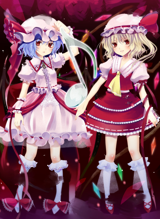 yukian, flandre scarlet, remilia scarlet, touhou, bad id, bad pixiv id, 2girls, adapted costume, arm ribbon, blonde hair, blue hair, blush, bobby socks, body blush, dress, embellished costume, female focus, frills, hat, kneehighs, lace, light particles, multiple girls, musical note, ribbon, siblings, sisters, smile, socks, white socks, wrist cuffs