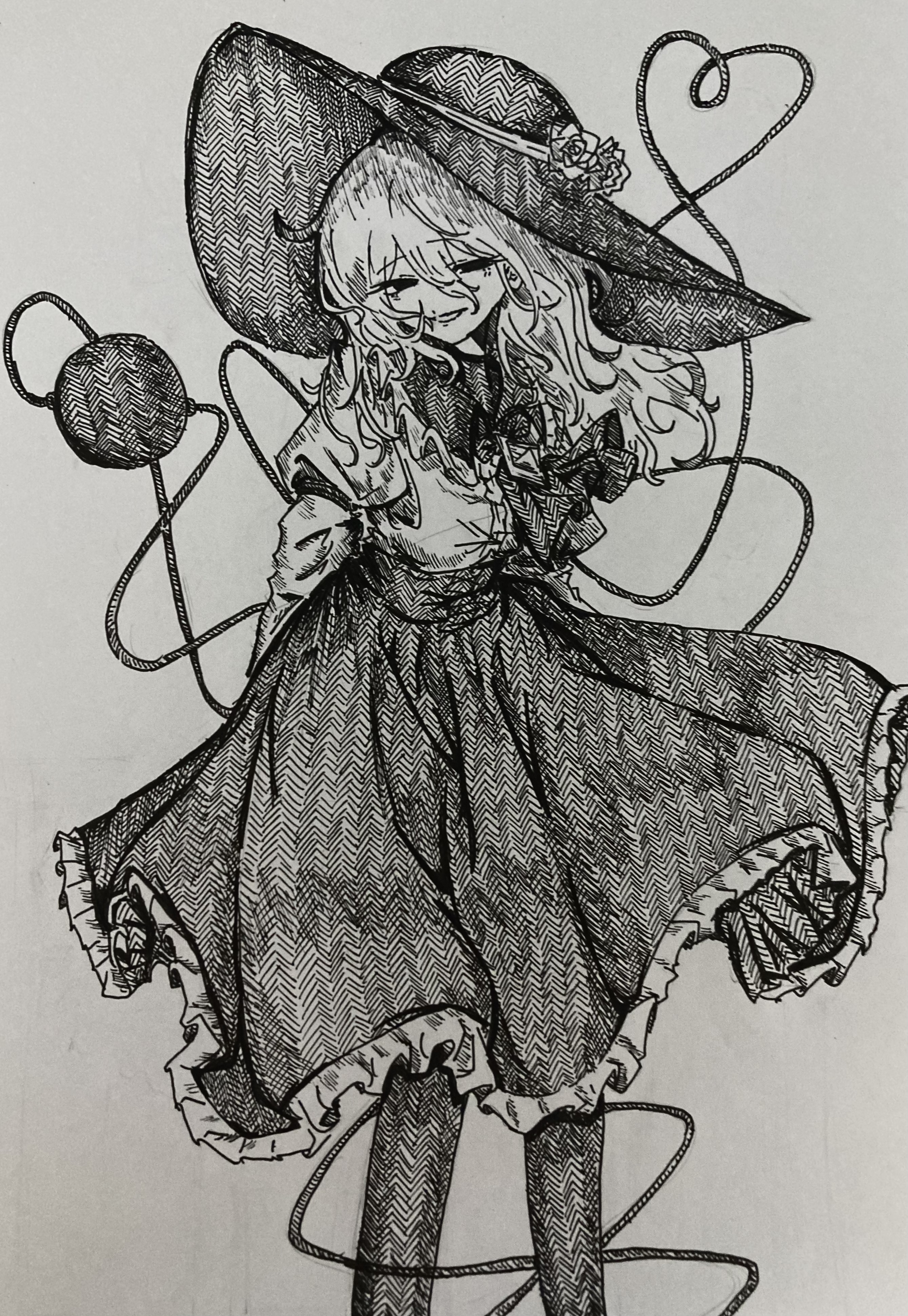 narurichan, komeiji koishi, touhou, absurdres, commentary request, highres, 1girl, adapted costume, arms behind back, ascot, feet out of frame, flower, frilled skirt, frills, greyscale, hat, hat flower, heart, heart of string, juliet sleeves, long hair, long sleeves, monochrome, puffy sleeves, simple background, skirt, solo, third eye