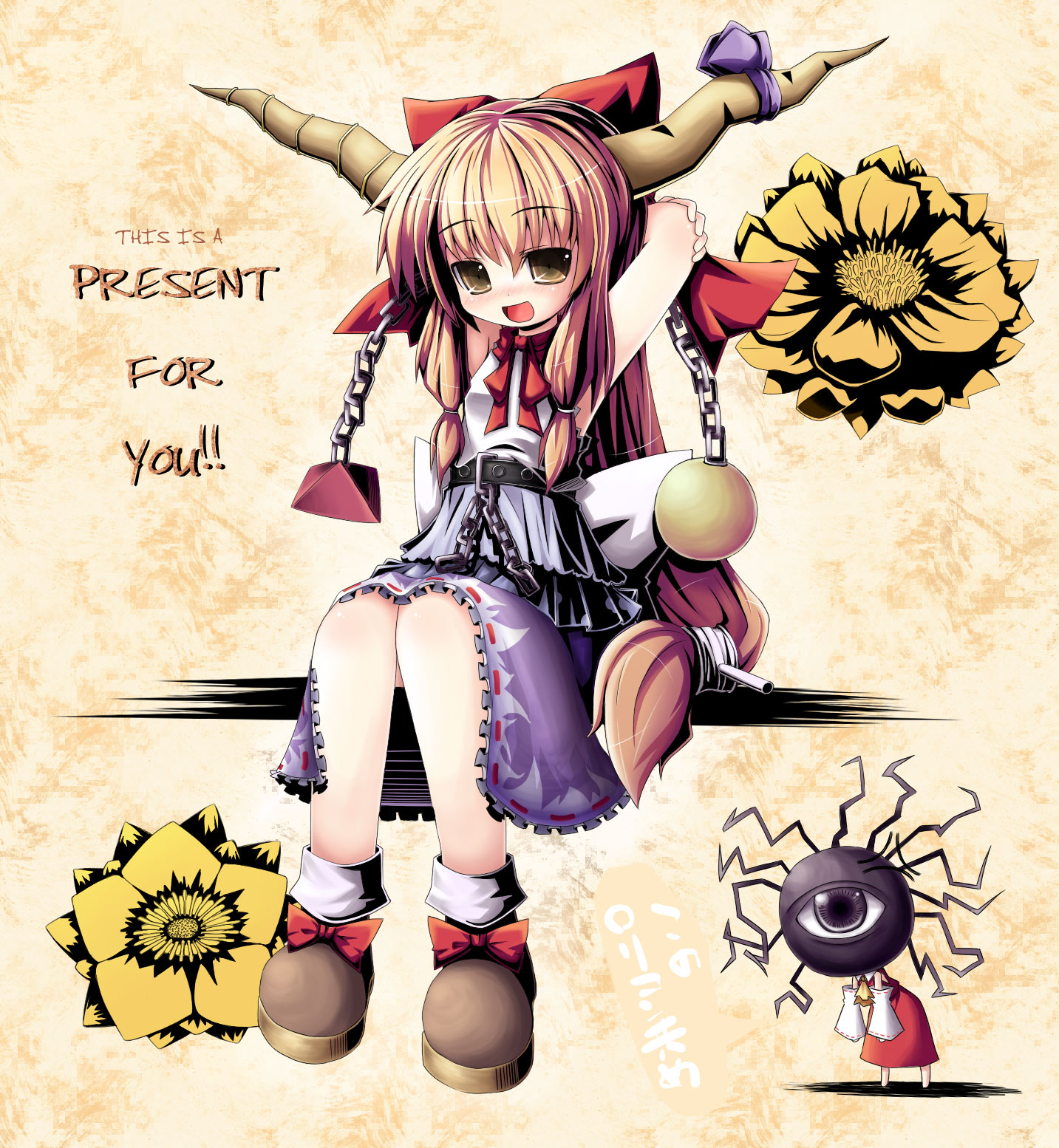 hebereke black, backbeard, hakurei reimu, ibuki suika, gegege no kitarou, touhou, highres, 2girls, blonde hair, bow, chain, detached sleeves, female focus, horns, japanese clothes, long hair, miko, multiple girls, yellow eyes