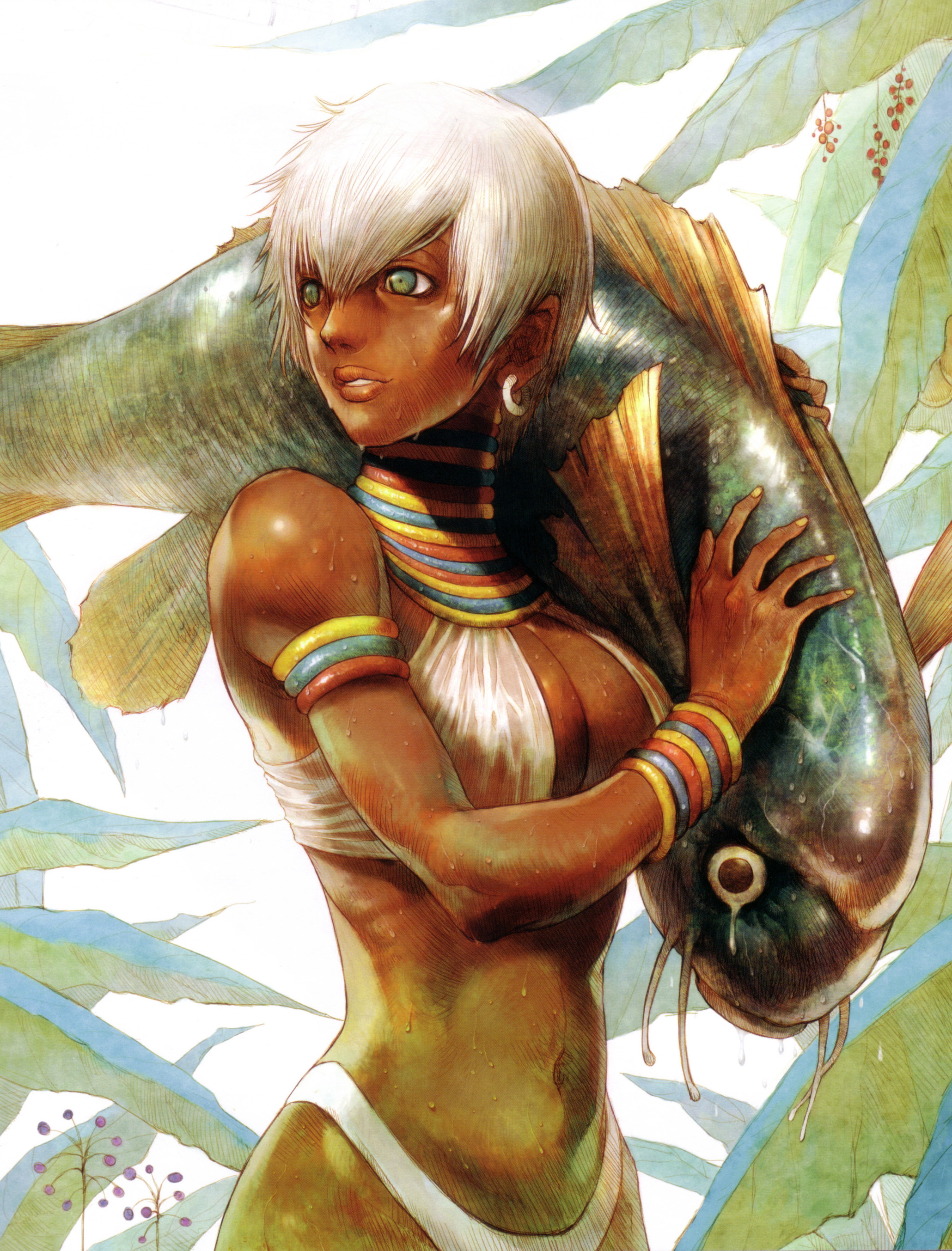 elena (street fighter), capcom, street fighter, street fighter iii (series), absurdres, highres, scan, 1girl, amazon warrior, bikini, bracelet, dark-skinned female, dark skin, earrings, female focus, fish, jewelry, neck ring, short hair, solo, swimsuit, white hair