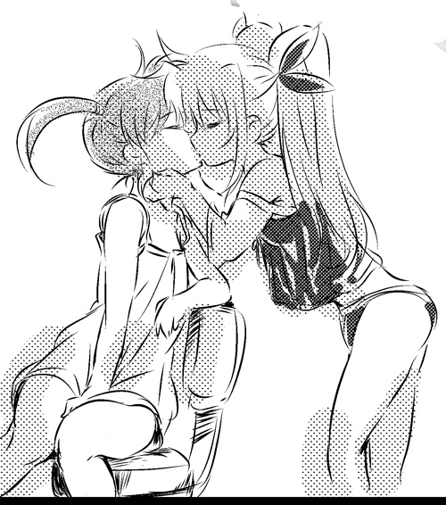 tokoharu, fate testarossa, takamachi nanoha, lyrical nanoha, mahou shoujo lyrical nanoha, 00s, 2girls, chair, closed eyes, couple, greyscale, kiss, lingerie, monochrome, multiple girls, screentones, sitting, underwear, yuri