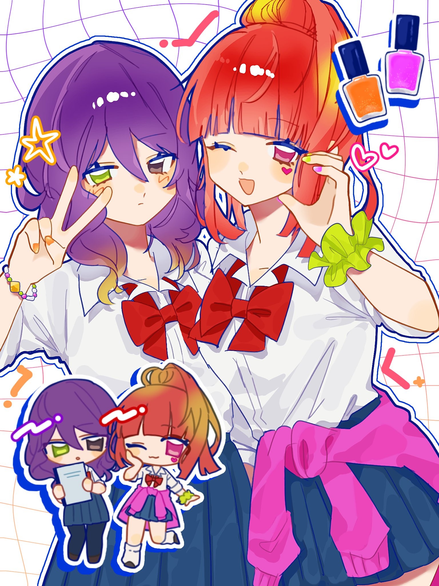 gina (gnosia), sq (gnosia), gnosia, commentary request, highres, 2girls, blonde hair, blue skirt, blunt bangs, blunt ends, bow, bowtie, bracelet, brown eyes, cardigan, cardigan around waist, chibi, chibi inset, clothes around waist, cosmetics, facial mark, green eyes, green scrunchie, gyaru, hair over shoulder, half-heart hands, hand up, heart, heart facial mark, heterochromia, high ponytail, jewelry, karekare000, kogal, looking at viewer, multicolored hair, multiple girls, nail polish bottle, open mouth, orange nails, pink cardigan, pink eyes, pink nails, ponytail, purple hair, red bow, red bowtie, red hair, scrunchie, shirt, shirt tucked in, skirt, star (symbol), upper body, v, white shirt, wrist scrunchie, yellow nails