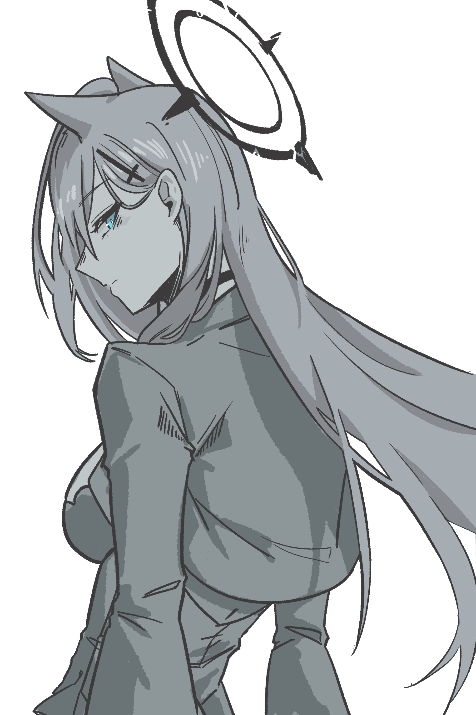 shiroko terror (blue archive), blue archive, absurdres, highres, 1girl, ahoge, animal ears, back, black choker, black dress, black gloves, black halo, black shrug, blue eyes, breasts, bright pupils, broken halo, choker, cross, cross hair ornament, dark halo, dress, extra ears, floating hair, frills, gloves, grey hair, hair between eyes, hair ornament, halo, inverted cross, jewelry, large breasts, leaning back, long hair, long sleeves, looking at viewer, looking back, looking down, medium breasts, mismatched pupils, open clothes, puffy long sleeves, puffy sleeves, shrug (clothing), smile 5m1le, solo, sparkle, strapless, strapless dress, thigh strap, upper body, very long hair, wavy hair, white background, white pupils, wide sleeves, wolf ears, wolf girl