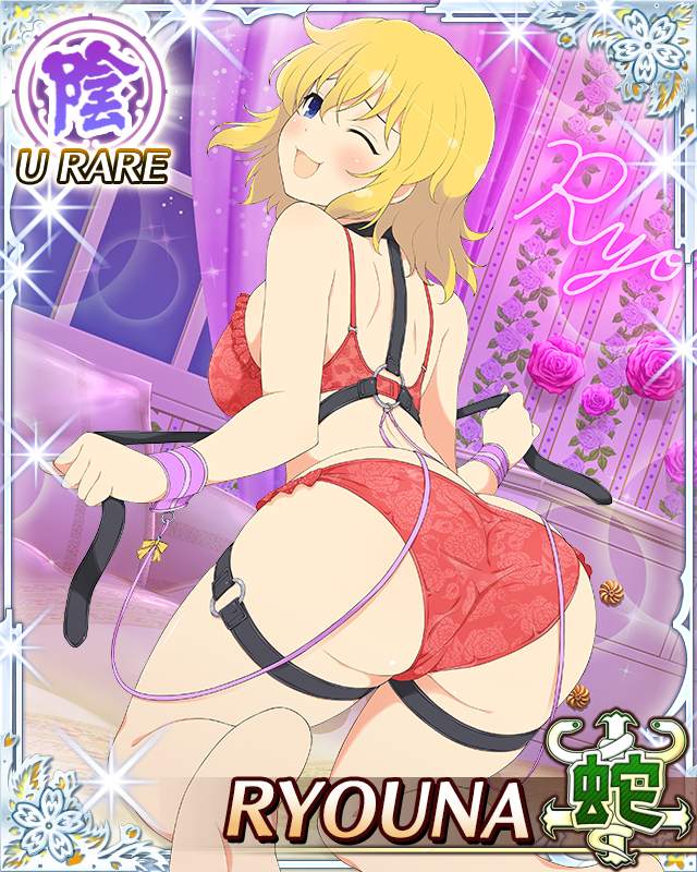 ryouna (senran kagura), senran kagura, senran kagura new wave, game cg, official art, third-party source, 1girl, :3, ass, barefoot, bdsm, bedroom, bent over, blonde hair, blue eyes, bondage, border, bound, bra, breasts, card (medium), character name, flower, from below, indoors, knees, large breasts, looking at viewer, looking back, masochism, medium hair, messy hair, night, o-ring, o-ring thigh strap, on bed, one eye closed, open mouth, panties, pink flower, pink rose, red bra, red panties, rose, smile, solo, thigh strap, underwear, wrist cuffs
