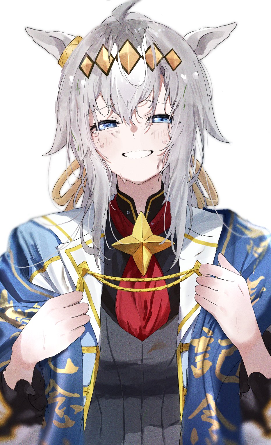 arima kinen, ha (hura76752775), oguri cap (umamusume), umamusume, umamusume: cinderella gray, commentary request, highres, 1girl, ahoge, animal ears, blue eyes, brooch, crying, ear ornament, grey hair, grey leotard, hair between eyes, hair ornament, hair ribbon, hairband, happy tears, horse ears, horse girl, jacket, jewelry, leotard, long hair, long sleeves, looking at viewer, multicolored hair, neckerchief, oguri cap (cinderella gray) (umamusume), open mouth, ponytail, red neckerchief, ribbon, simple background, smile, solo, star brooch, tears, upper body, white background, white jacket