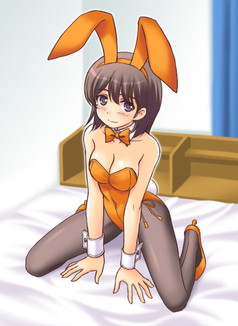 masakichi (crossroad), anegasaki nene, love plus, 1girl, animal ears, arm support, bare shoulders, bed, black hair, bow, bowtie, breasts, brown eyes, brown hair, cleavage, curtains, fake animal ears, female focus, kneeling, mole, mole under eye, pantyhose, playboy bunny, purple eyes, rabbit ears, rabbit tail, room, short hair, smile, solo, tail, window, wrist cuffs