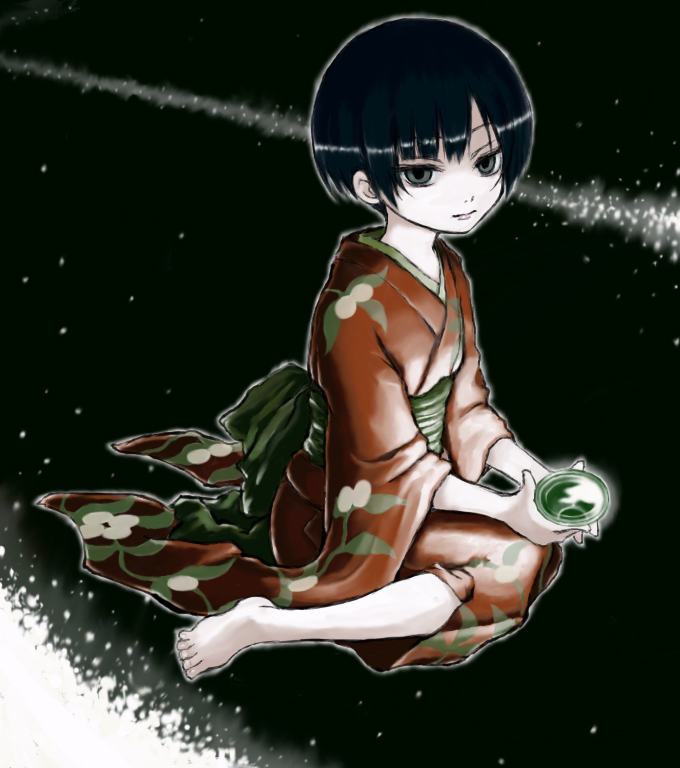 iseki (kuroshura no tabiji), iseki (otameshi), renzu (mushishi), mushishi, bad id, bad pixiv id, 1girl, barefoot, black hair, feet, female focus, japanese clothes, kimono, short hair, solo