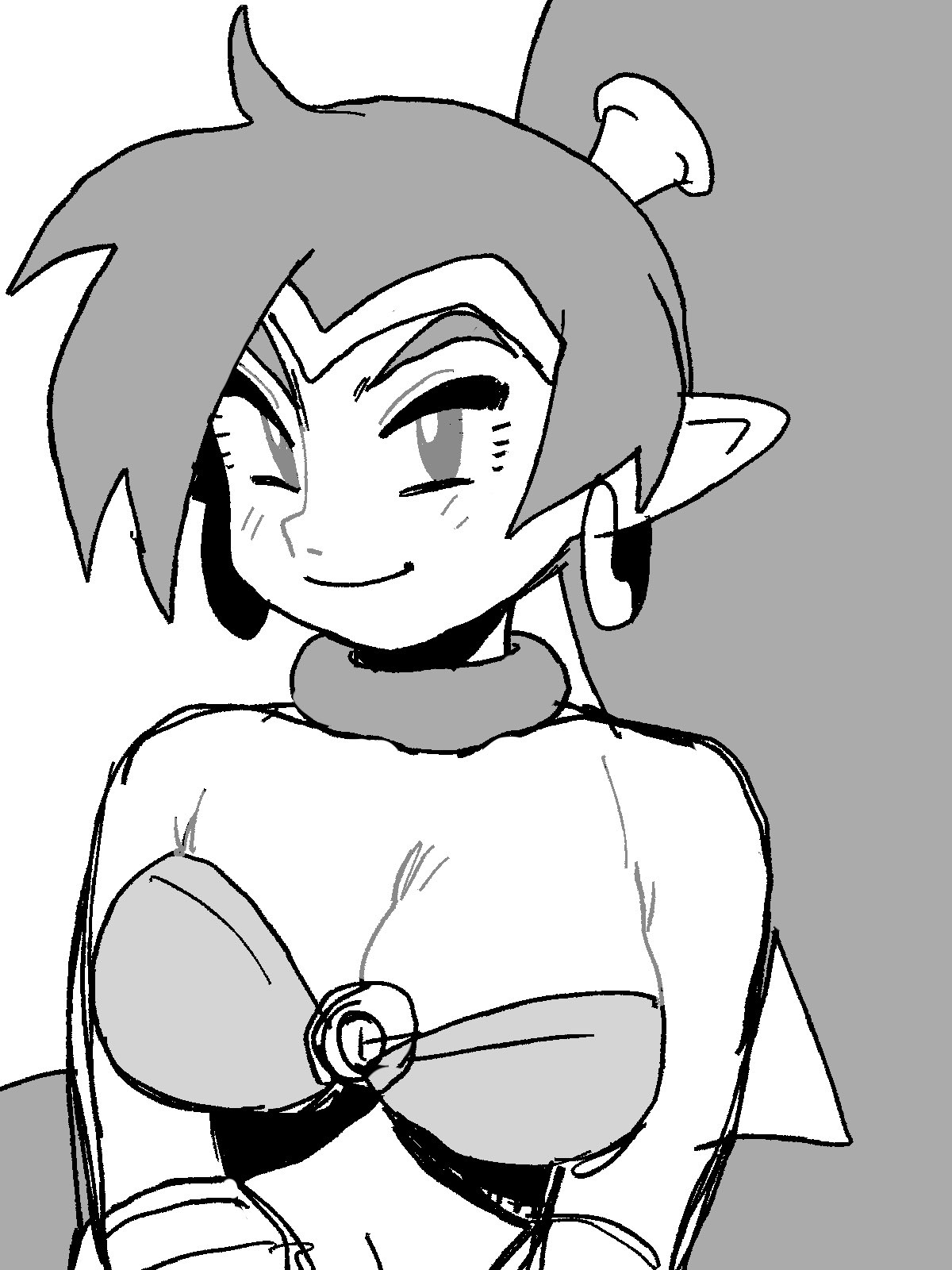 shantae, shantae (series), highres, 1girl, breasts, cleavage, large breasts, long hair, looking at viewer, monochrome, o-ring, o-ring top, pointy ears, ponytail, solo, very long hair