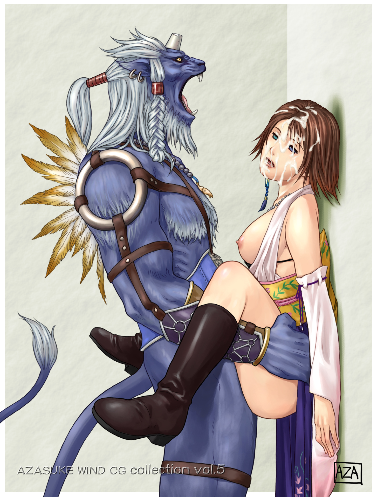 azasuke, kimahri ronso, yuna, final fantasy, final fantasy x, highres, 00s, 1girl, ahegao, ass, boots, breasts, clothed sex, cum, cum on body, cum on lower body, cum on pussy, facial, fucked silly, held up, interspecies, monster, sex, vaginal