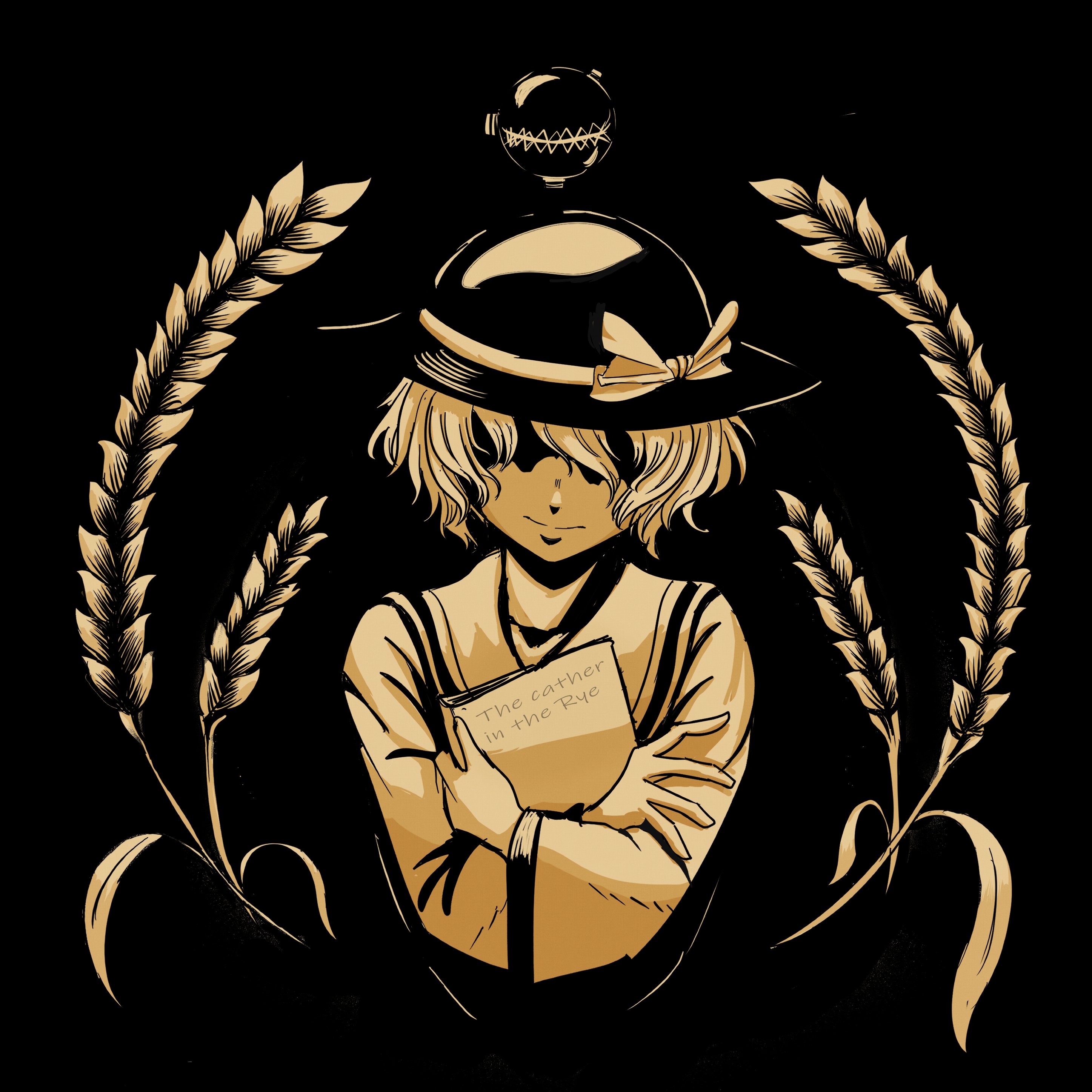 weedhollow (dokuran), komeiji koishi, touhou, absurdres, commentary, highres, 1girl, book, bow, closed mouth, english text, facing viewer, hat, hat bow, holding, holding book, long sleeves, monochrome, short hair, simple background, solo, third eye, upper body, wheat, wide sleeves