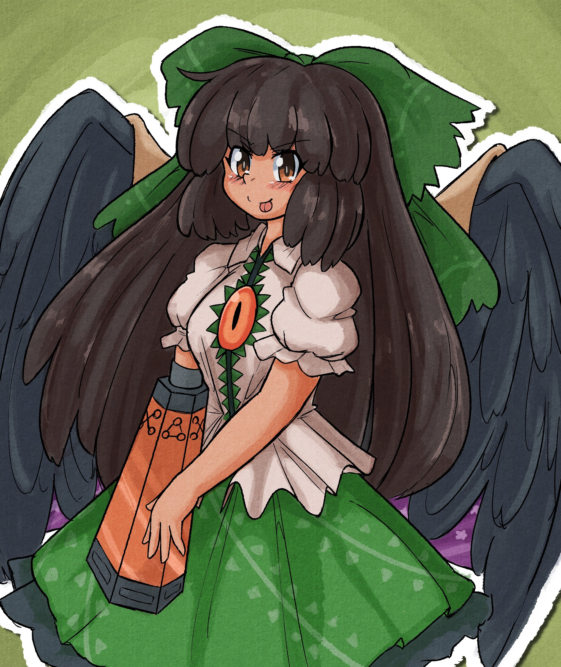 mcsquiddies, reiuji utsuho, touhou, absurdres, commentary, english commentary, highres, 1girl, :p, arm cannon, bird wings, black hair, black wings, blush, bow, brown eyes, green background, green bow, green skirt, hair bow, long hair, looking at viewer, outline, shirt, short sleeves, simple background, skirt, solo, third eye, tongue, tongue out, weapon, white outline, white shirt, wings