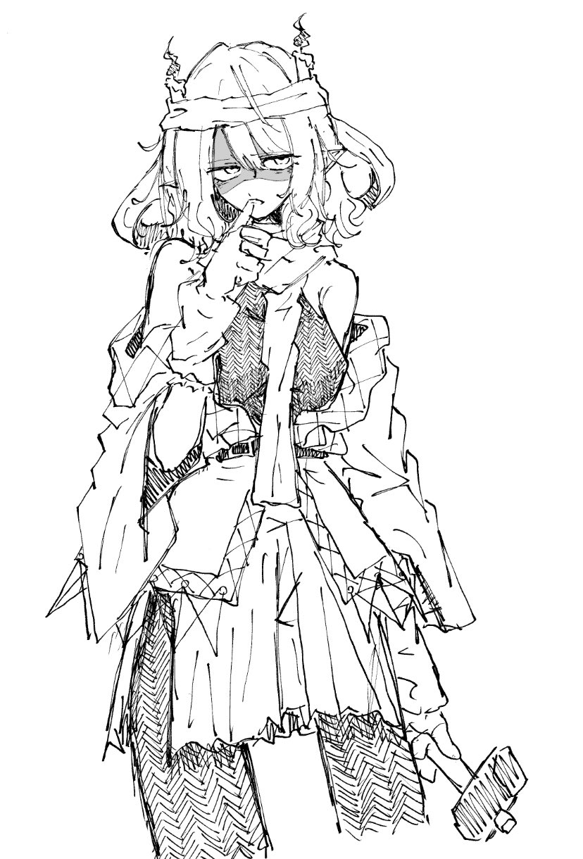 narurichan, mizuhashi parsee, touhou, commentary, highres, 1girl, biting own finger, candle, detached sleeves, greyscale, hairband, hammer, hashihime, holding, holding hammer, looking to the side, monochrome, partially shaded face, pointy ears, scarf, short hair, simple background, solo, wide sleeves