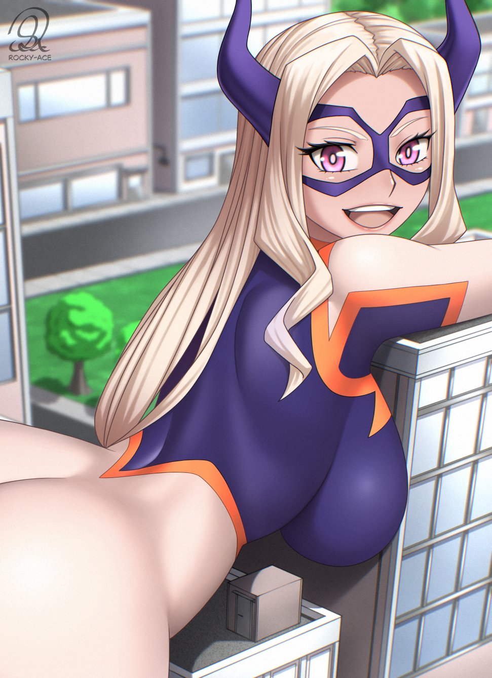 rocky-ace, mount lady, boku no hero academia, commentary, english commentary, highres, 1girl, artist name, blonde hair, bodysuit, breast press, breasts, building, city, domino mask, eye mask, fake horns, giant, giantess, horns, large breasts, leaning forward, looking back, mask, masked, multicolored bodysuit, open mouth, pink eyes, purple bodysuit, purple horns, purple mask, purple thighhighs, signature, skin tight, smile, superhero costume, teeth, thighhighs, tree, upper body, upper teeth only