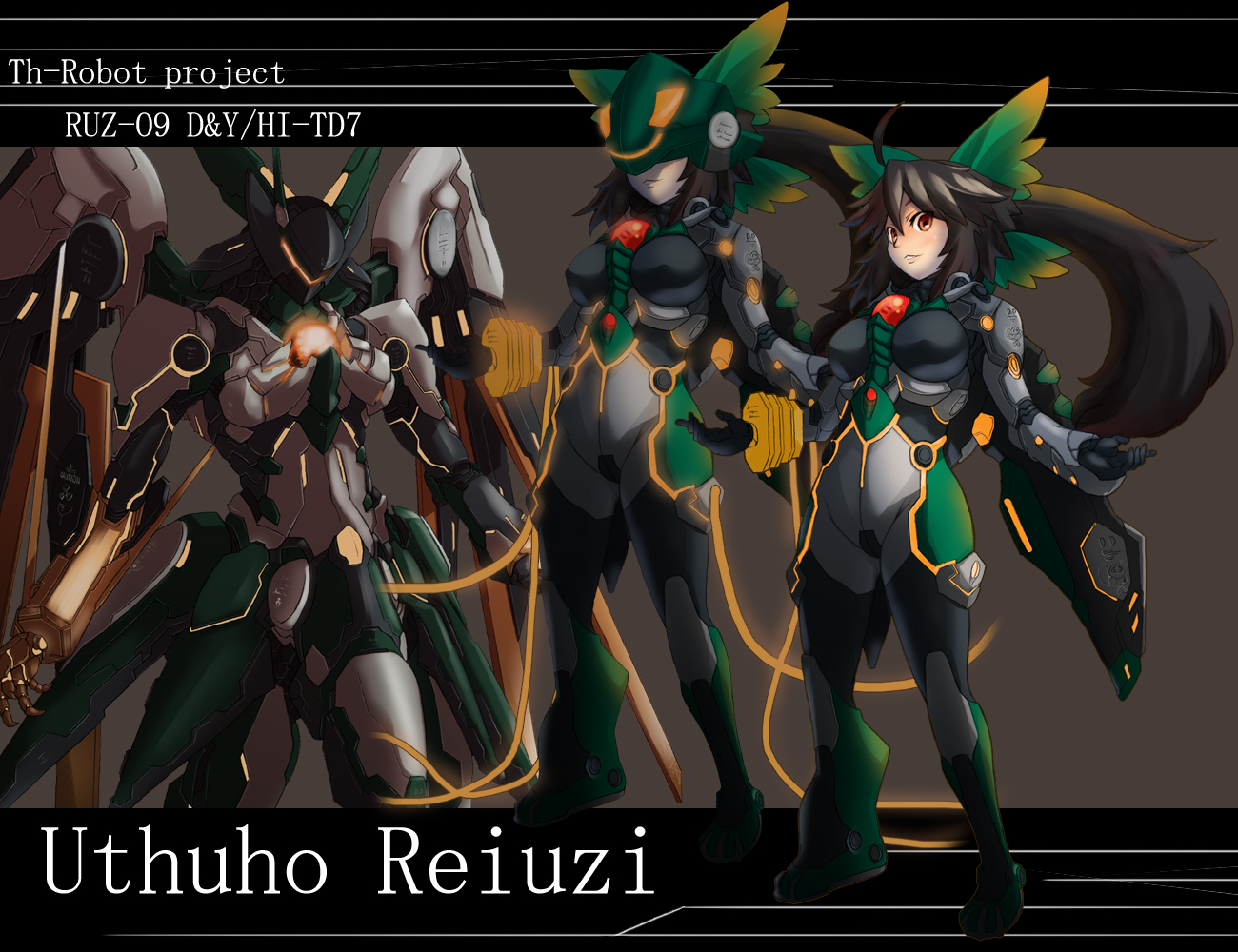 rekise, reiuji utsuho, touhou, zone of the enders, 00s, 1girl, black hair, breasts, female focus, mecha, mechanization, pilot, reference sheet, robot, solo