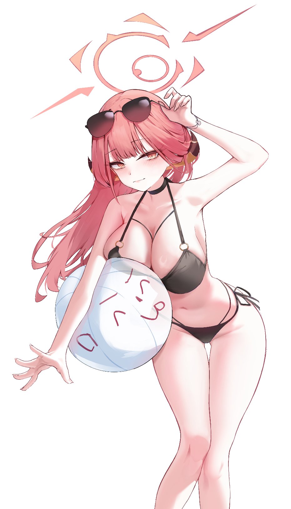 miho (user7939139), aru (blue archive), doodle sensei (blue archive), sensei (blue archive), blue archive, commentary request, highres, 1girl, adjusting eyewear, alternate costume, ball, bare legs, bare shoulders, bikini, black bikini, black choker, blush, breasts, brown horns, character print, choker, closed mouth, demon girl, demon horns, eyewear on head, halo, halterneck, hand up, highleg, highleg bikini, holding, holding ball, horns, large breasts, leaning forward, long hair, looking at viewer, low horns, navel, o-ring, o-ring bikini, pink hair, red halo, shell bracelet, side-tie bikini bottom, simple background, solo, standing, sunglasses, swimsuit, white background