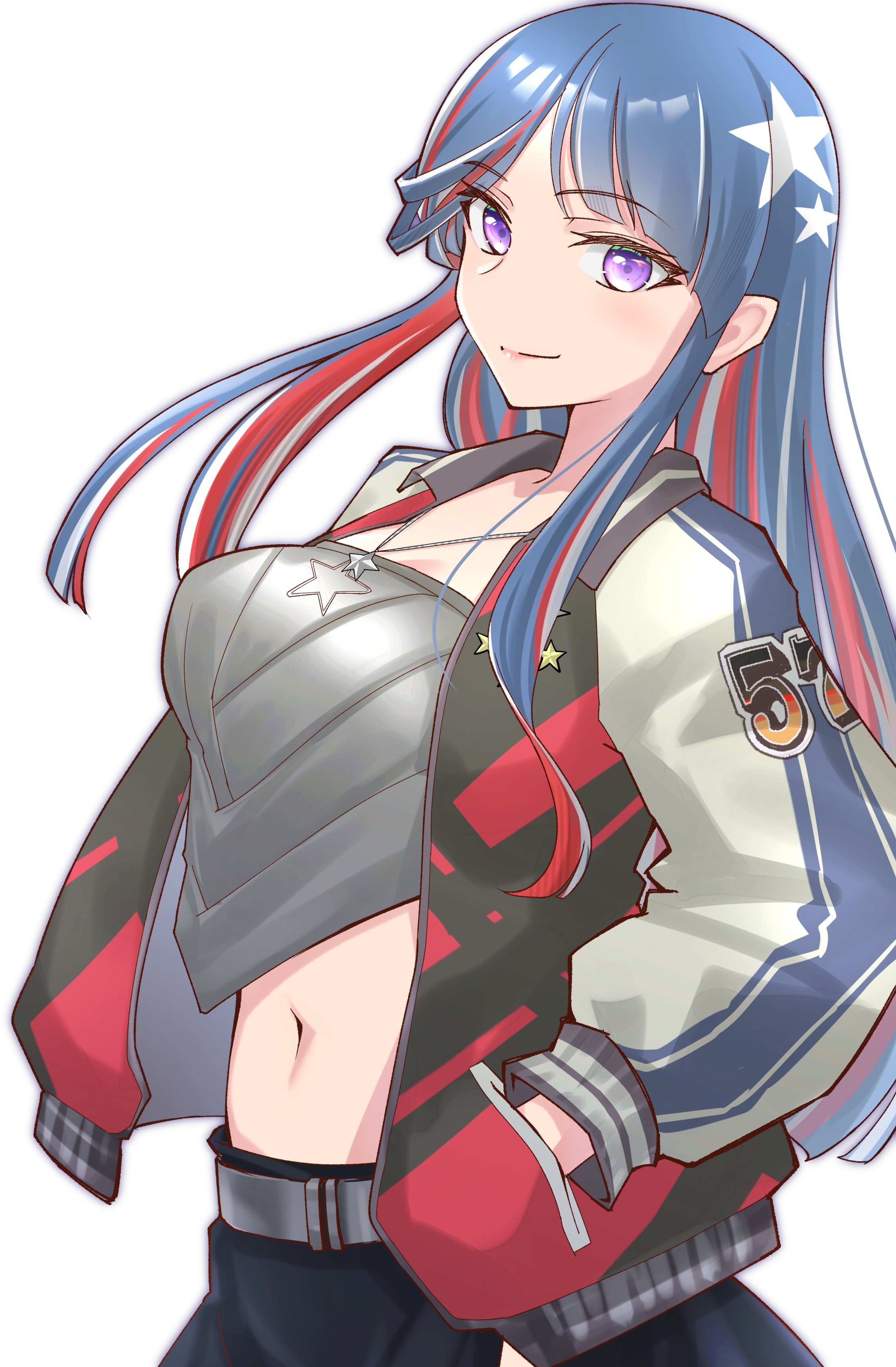 tsukasa (tukasa br), south dakota (kancolle), kantai collection, absurdres, commentary request, highres, 1girl, blue hair, breasts, grey shirt, hands in pockets, jacket, large breasts, long hair, looking at viewer, midriff, multicolored hair, multicolored jacket, navel, official alternate costume, purple eyes, red hair, shirt, simple background, smile, solo, star (symbol), upper body, white background