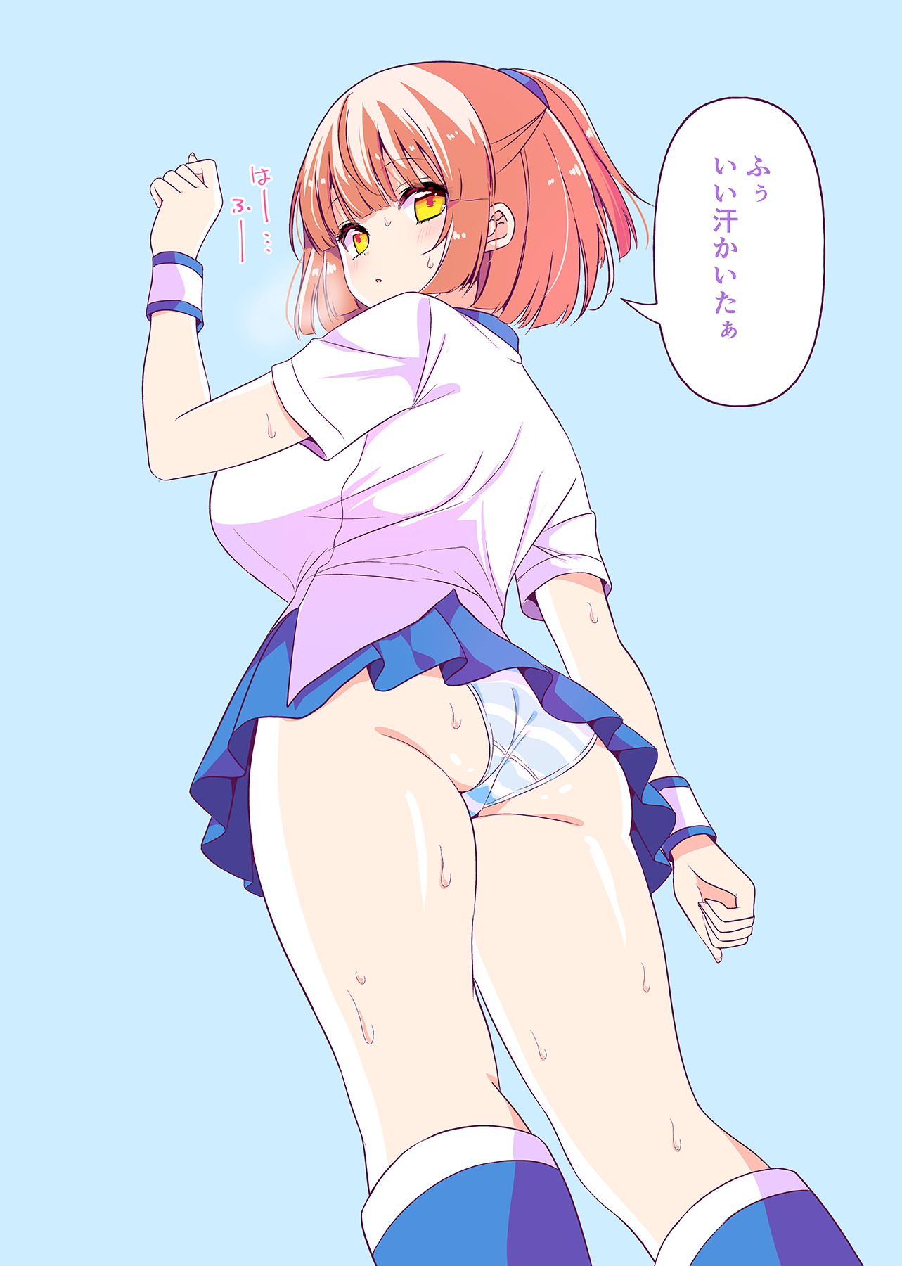 shiwasu horio, arle nadja, madou monogatari, puyopuyo, commentary request, highres, translation request, 1girl, arm up, ass, blue background, blue boots, blue skirt, boots, breasts, brown hair, from behind, from below, knee boots, large breasts, looking at viewer, looking back, looking down, panties, pleated skirt, ponytail, shirt, short sleeves, simple background, skirt, solo, striped clothes, striped panties, sweat, underwear, white shirt, wrist cuffs, yellow eyes