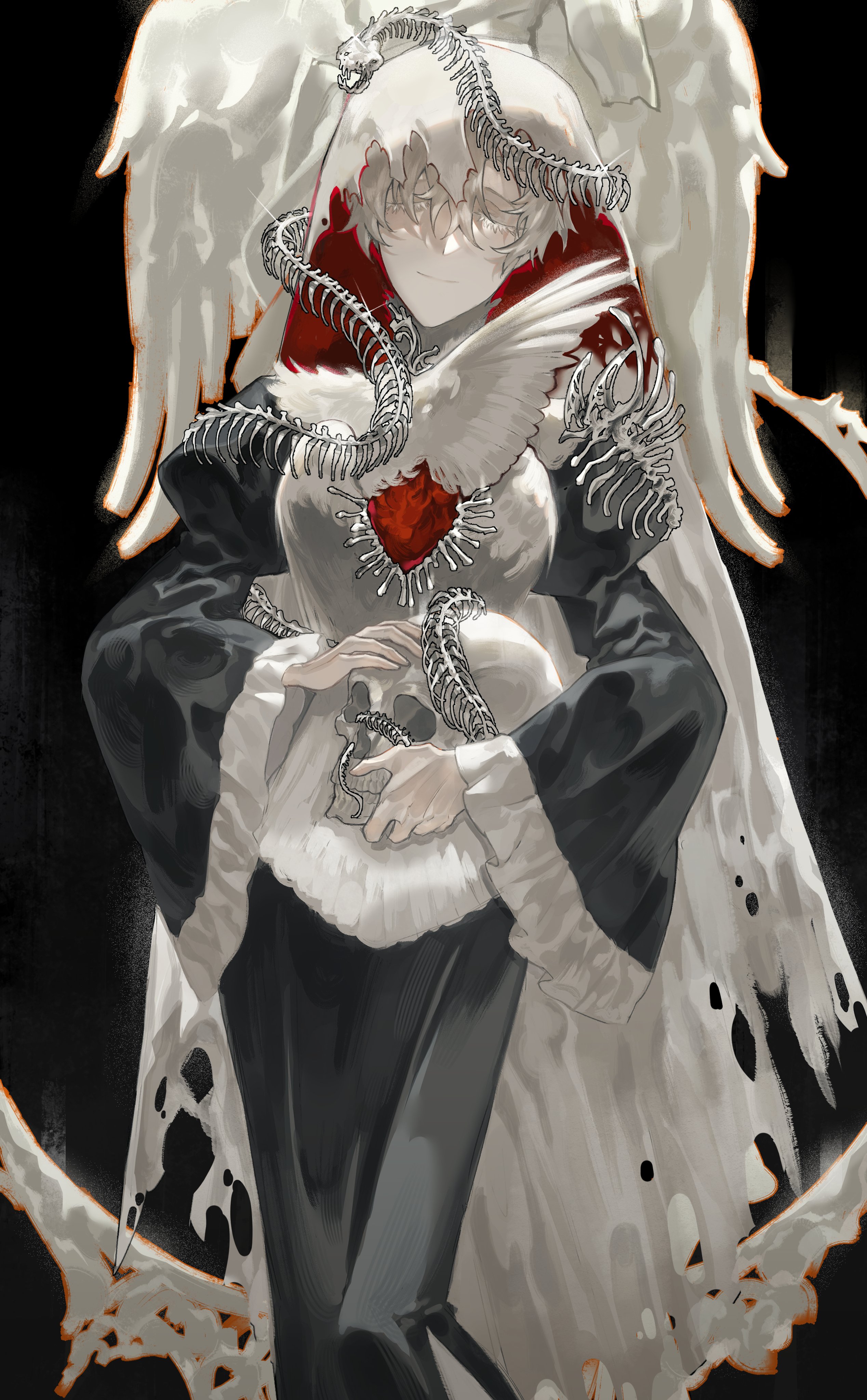 gost 56, original, absurdres, clothing request, commentary, highres, 1girl, animal skeleton, breasts, feathered wings, feet out of frame, head tilt, holding, holding skull, hole in chest, hole on body, short hair, skull, snake, snake wrapped around body, solo, torn clothes, torn veil, veil, white hair, white wings, wings