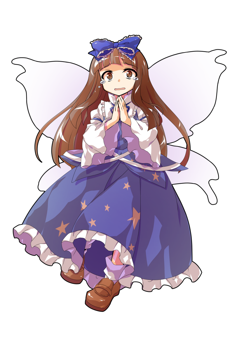 dairi, star sapphire, touhou, commentary request, commission, large variant set, skeb commission, variant set, 1girl, alphes (style), blue bow, blue ribbon, blue shirt, blue skirt, blunt bangs, bow, brown eyes, brown hair, brown shoes, crying, crying with eyes open, fairy, fairy wings, frilled bow, frilled skirt, frills, full body, hair bow, juliet sleeves, loafers, long hair, long skirt, long sleeves, looking at viewer, own hands together, parody, puffy sleeves, ribbon, shirt, shoes, simple background, skirt, skirt set, solo, straight hair, style parody, tachi-e, tears, transparent background, wide sleeves, wings