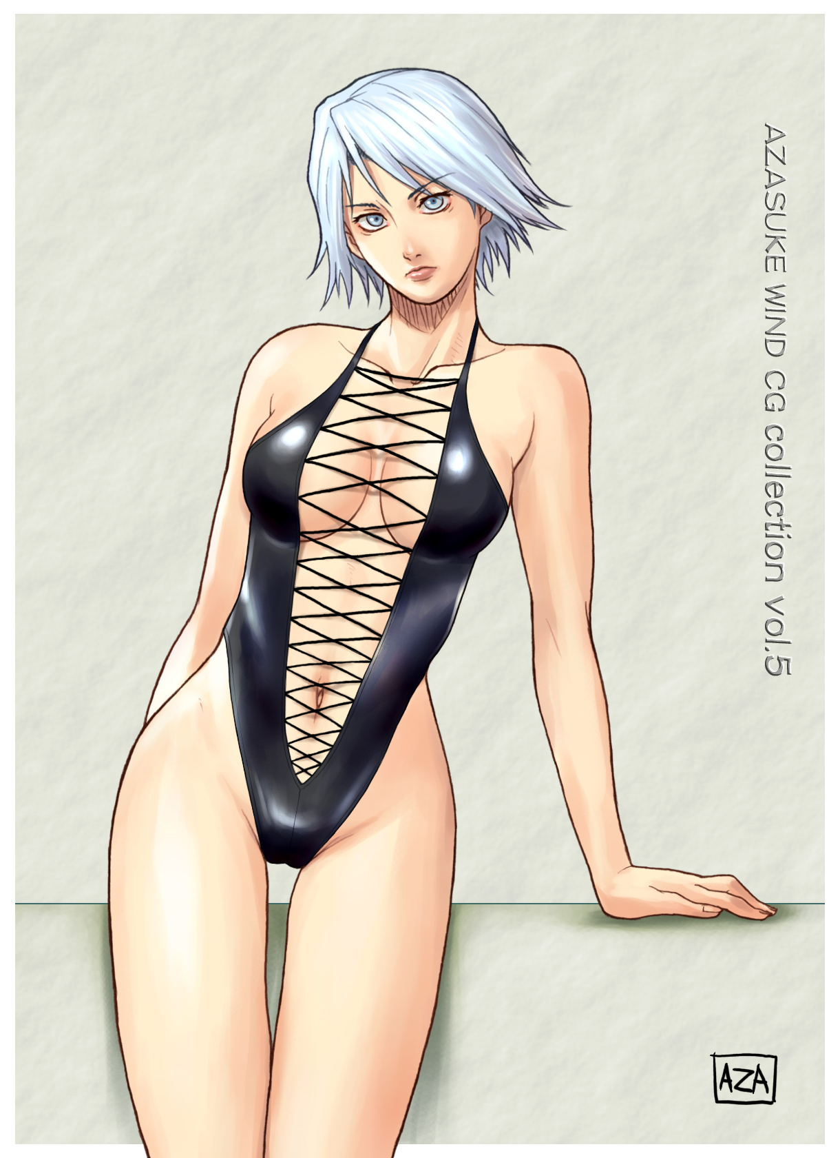 azasuke, christie (doa), dead or alive, tecmo, highres, cleavage cutout, clothing cutout, criss cross front, front-tie top, lace up front, laceups, swimsuit, white eyes, white hair