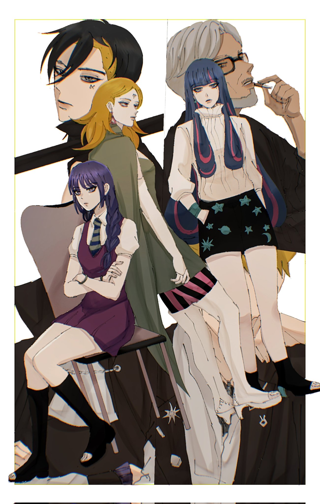 ada (naruto), delta (boruto), kakei sumire, kawaki (boruto), sanzu amado, uzumaki boruto, boruto: two blue vortex, naruto (series), commentary request, corrupted twitter file, highres, 3girls, 4boys, beard, black hair, black shorts, blonde hair, blue hair, boots, bracelet, breasts, cape, chair, cigarette, code (naruto), crossed arms, dress, earrings, expressionless, facial hair, facial mark, forehead mark, glasses, green cape, green dress, grey hair, high heel boots, high heels, holding, holding cigarette, ifevilwhyuhot, jewelry, knee boots, long hair, medium breasts, mole, mole under each eye, mole under eye, multicolored hair, multiple boys, multiple girls, multiple moles, open-toe boots, orange-tinted eyewear, pantyhose, pink hair, polearm, purple dress, short dress, shorts, sitting, streaked hair, striped clothes, striped pantyhose, sweater, thigh boots, tinted eyewear, triangle earrings, two-tone hair, undercut, vertical-striped clothes, vertical-striped pantyhose, weapon, white boots, white sweater