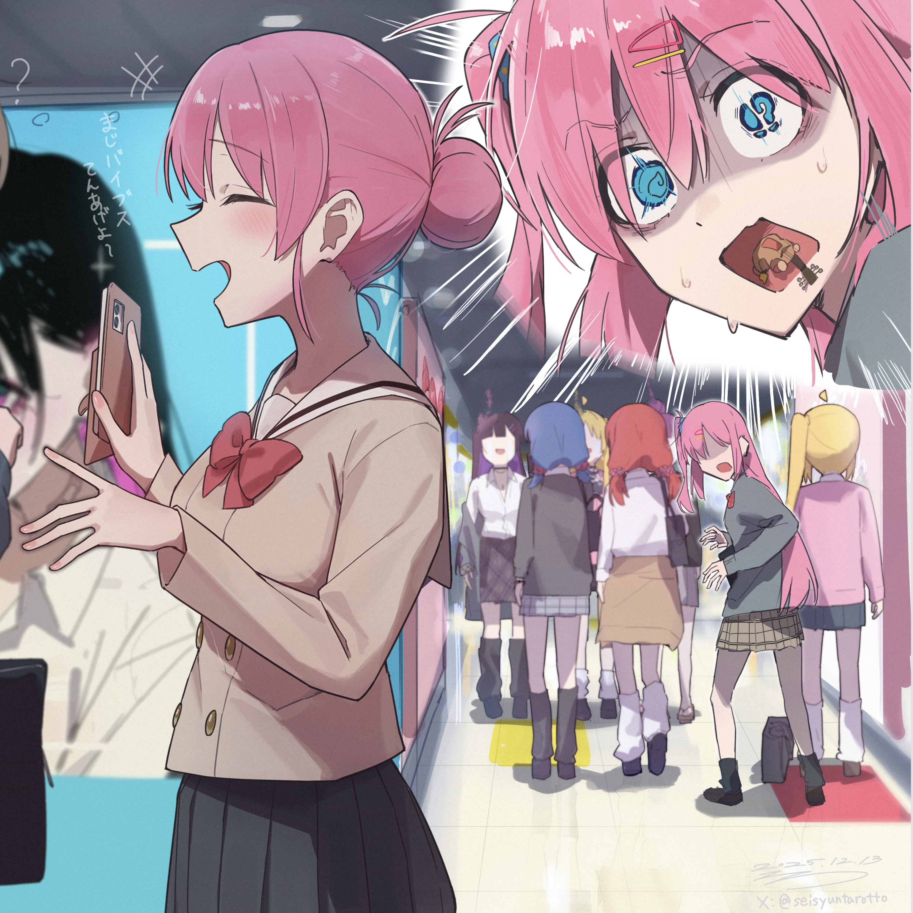 seisyuntarotto, gotoh hitori, gotoh michiyo, ijichi nijika, ijichi seika, kita ikuyo, pa-san, yamada ryo, bocchi the rock!, absurdres, commentary request, highres, !?, 6+girls, :d, ^ ^, black skirt, blue eyes, brown shirt, cellphone, closed eyes, cube hair ornament, from behind, hair bun, hair ornament, hairclip, holding, holding phone, long hair, looking back, multiple girls, multiple views, open mouth, phone, pink hair, pleated skirt, school uniform, shirt, short hair, shuka high school uniform, single hair bun, skirt, smile, walking