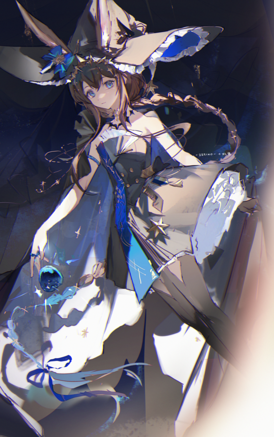zeriko, amiya (arknights), arknights, highres, 1girl, animal ear fluff, animal ears, bare arms, bare shoulders, black dress, black hat, black pantyhose, blue bow, blue eyes, bow, braid, brown hair, closed mouth, double-parted bangs, dress, ears through headwear, feet out of frame, frilled hat, frills, hat, hat bow, long hair, looking at viewer, pantyhose, rabbit ears, rabbit girl, solo, standing, strapless, strapless dress, witch hat