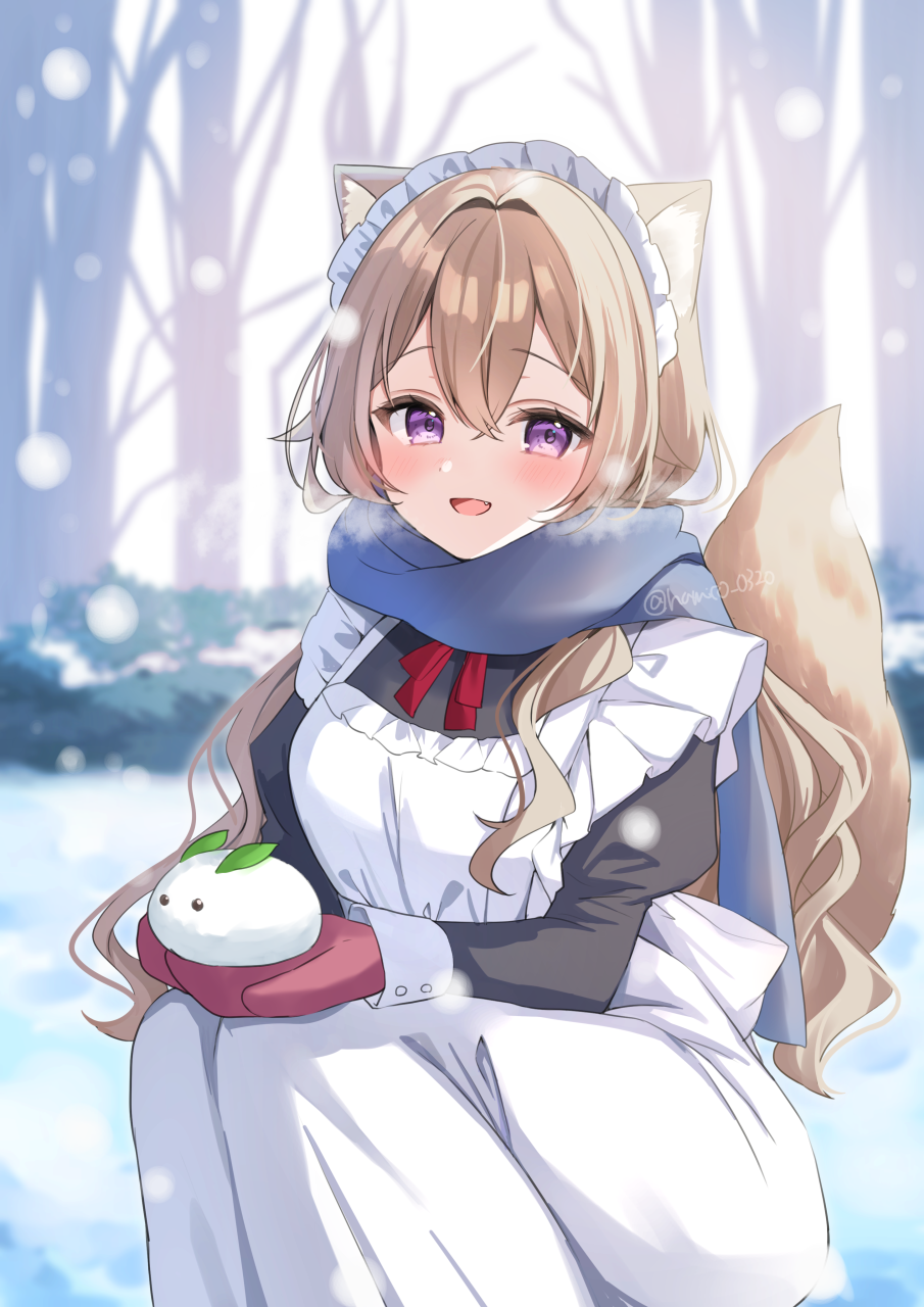 hamico, original, commentary request, highres, 1girl, :d, animal ear fluff, animal ears, apron, black dress, blue scarf, blush, bow, bowtie, brown hair, double-parted bangs, dress, feet out of frame, fio (hamico), frilled apron, frills, hair between eyes, juliet sleeves, long hair, long sleeves, looking at viewer, maid, maid headdress, mittens, open mouth, puffy sleeves, purple eyes, red bow, red bowtie, red mittens, scarf, smile, solo, tail, twitter username, white apron, wolf ears, wolf girl, wolf tail