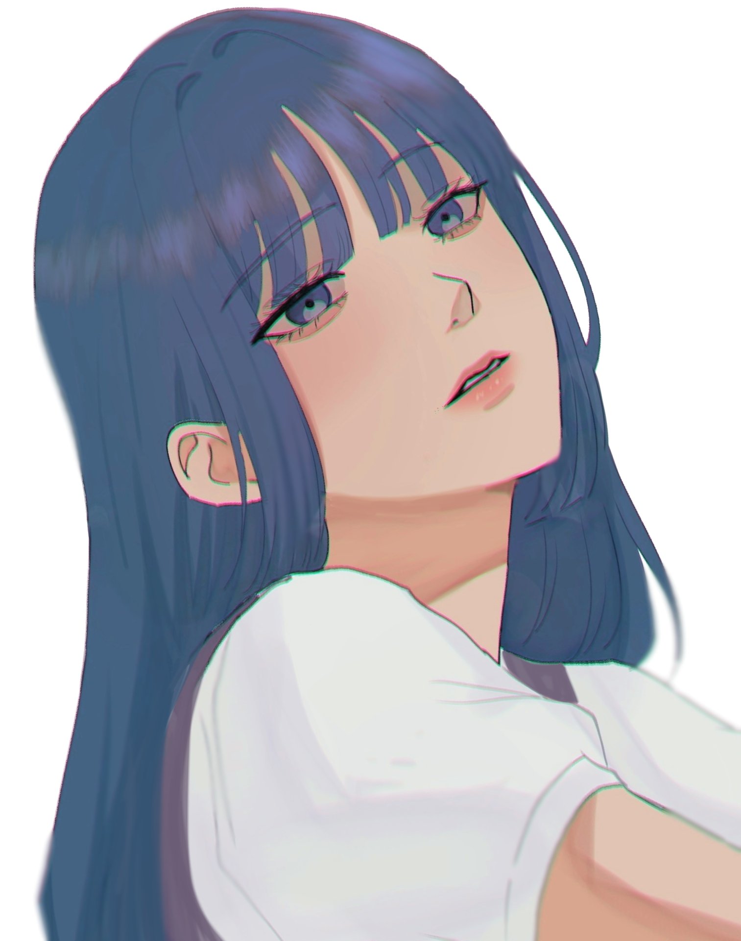 kakei sumire, boruto: two blue vortex, naruto (series), commentary request, highres, 1girl, blue eyes, blue hair, chromatic aberration, from side, hair down, head tilt, ifevilwhyuhot, looking at viewer, parted lips, pink lips, portrait, solo