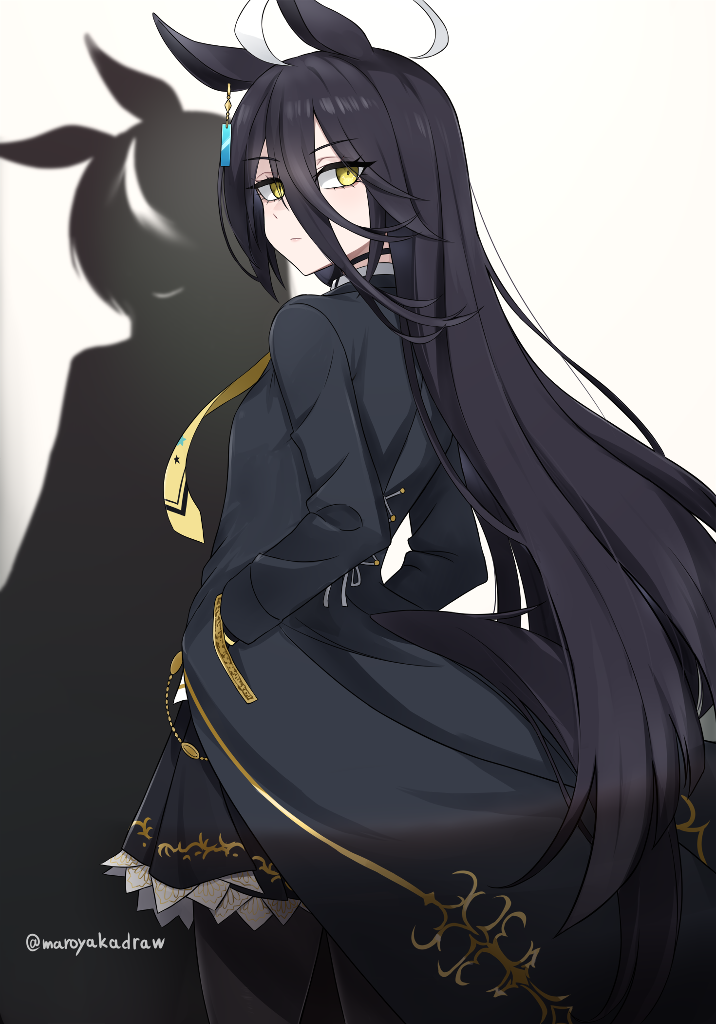 ibuki grunt, manhattan cafe (creeping shadow) (umamusume), manhattan cafe (umamusume), umamusume, commentary request, highres, 1girl, ahoge, animal ears, black coat, black hair, black pantyhose, black skirt, breasts, closed mouth, coat, ear tag, earrings, from behind, hair between eyes, hands in pockets, horse ears, horse girl, horse tail, jewelry, long bangs, long hair, long hair between eyes, long sleeves, looking at viewer, looking back, multicolored hair, necktie, pantyhose, shadow, shirt, single earring, skirt, solo, tail, very long hair, white hair, yellow eyes, yellow necktie