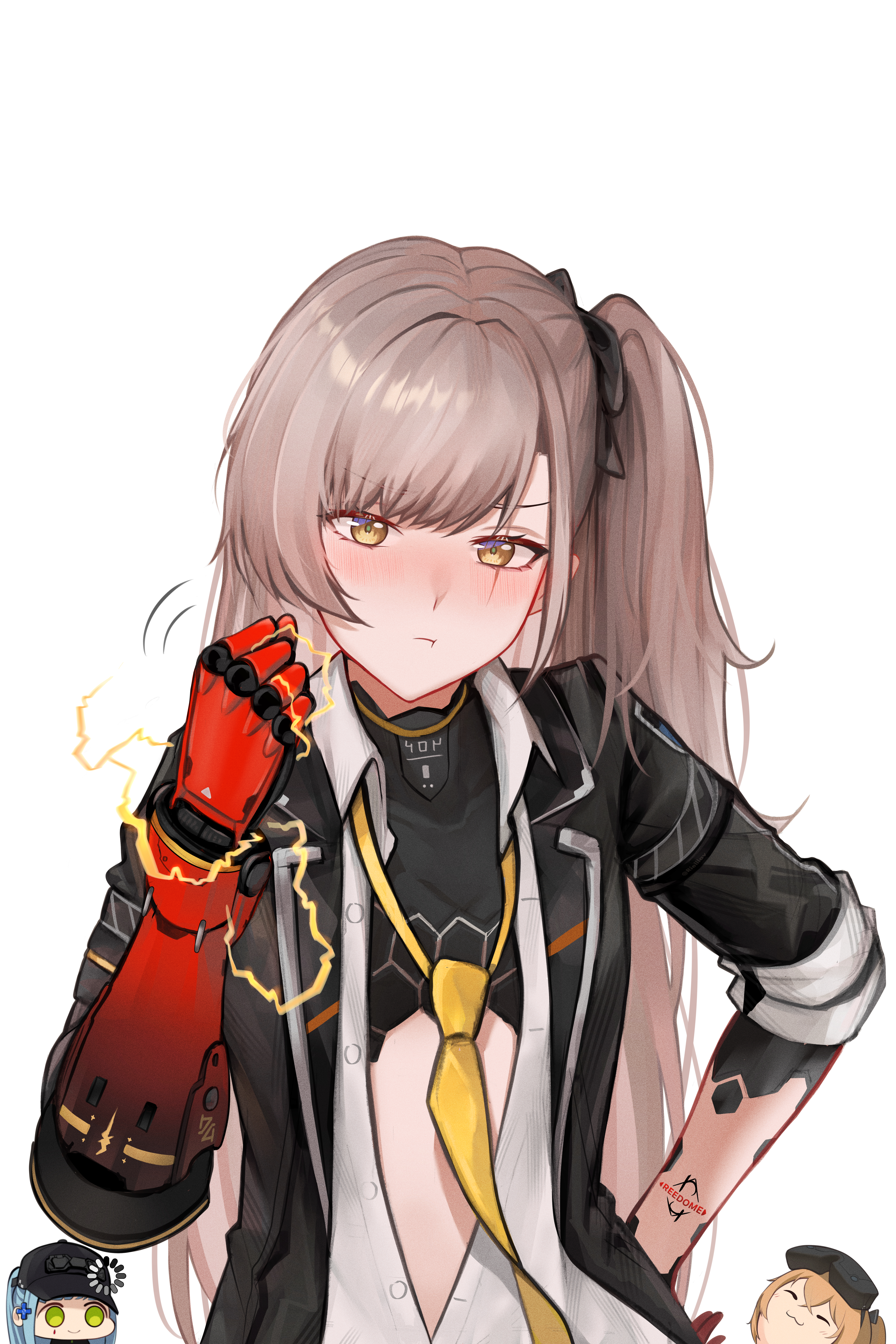 lavriell, hk416 (girls' frontline), klukai (girls' frontline 2), lenna (girls' frontline 2), leva (girls' frontline 2), ump45 (girls' frontline), ump9 (girls' frontline), girls' frontline, girls' frontline 2: exilium, absurdres, commentary, highres, 3girls, :3, arm tattoo, baseball cap, black bow, black hat, black jacket, blue hair, blush, bow, brown eyes, brown hair, closed eyes, closed mouth, collared shirt, cross hair ornament, electricity, green pupils, hair bow, hair ornament, hat, head-mounted display, jacket, loading icon, long hair, looking at viewer, mechanical arms, multiple girls, necktie, one side up, open clothes, open jacket, partially unbuttoned, pout, prosthesis, prosthetic arm, scar, scar across eye, scar on face, shirt, simple background, single mechanical arm, smile, tattoo, teardrop facial mark, teardrop tattoo, upper body, white background, white shirt, yellow necktie